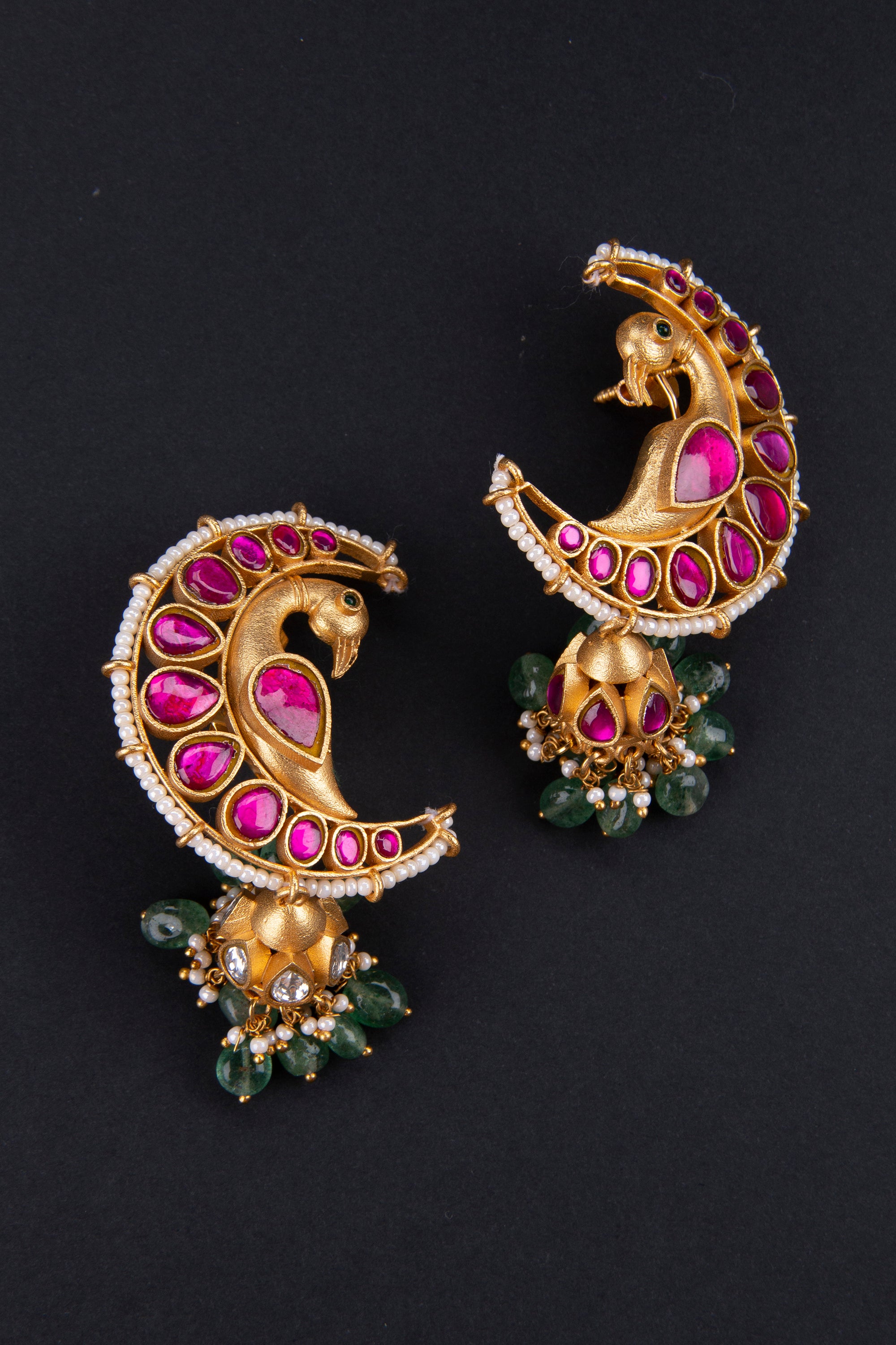 Half moon shape - Peacock jadau kundan jhumkas
