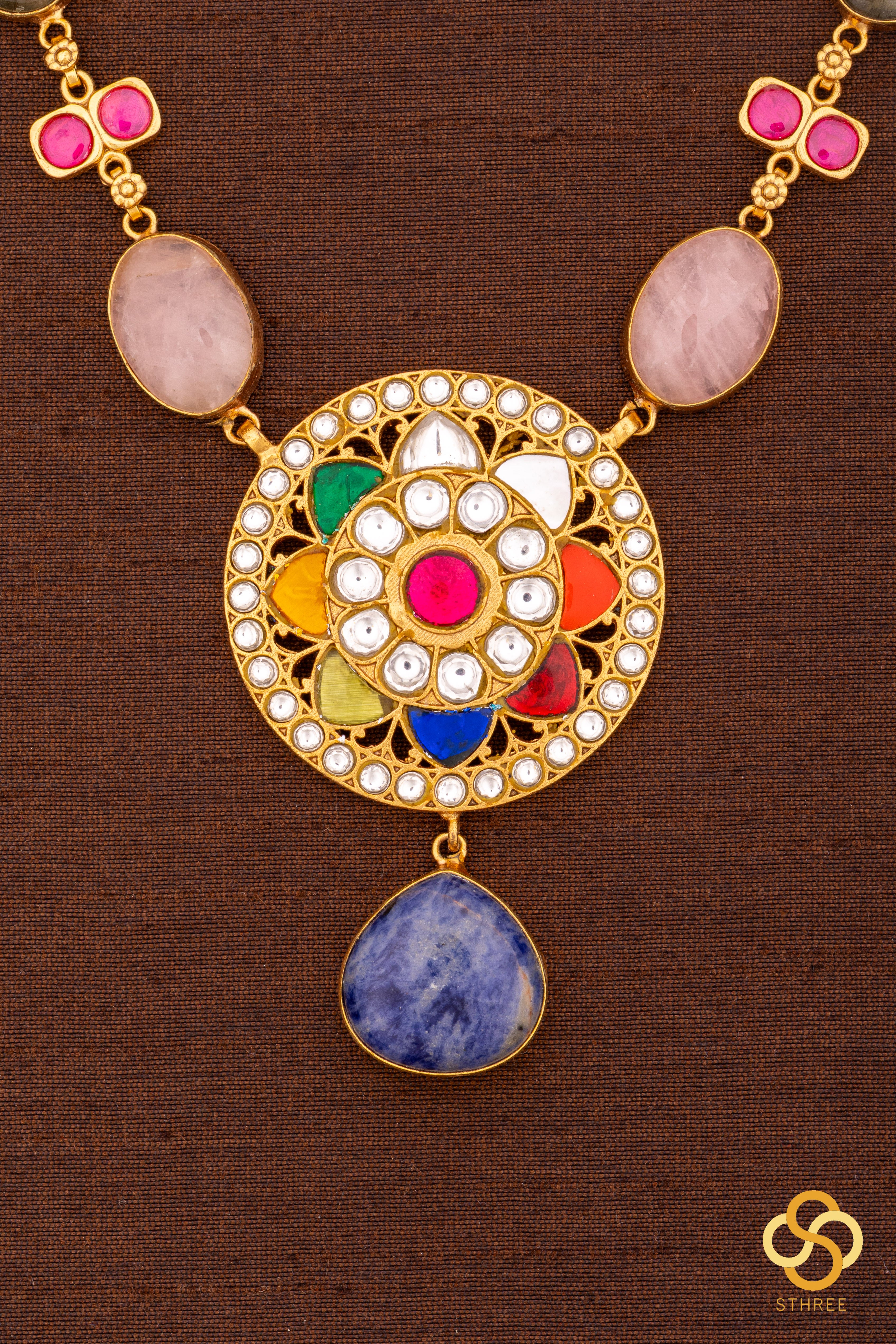 Multi colour cabachon necklace set with Navarathna pendant