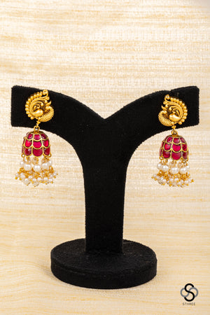Mayil Jhumkas - Ruby red  with Pearls