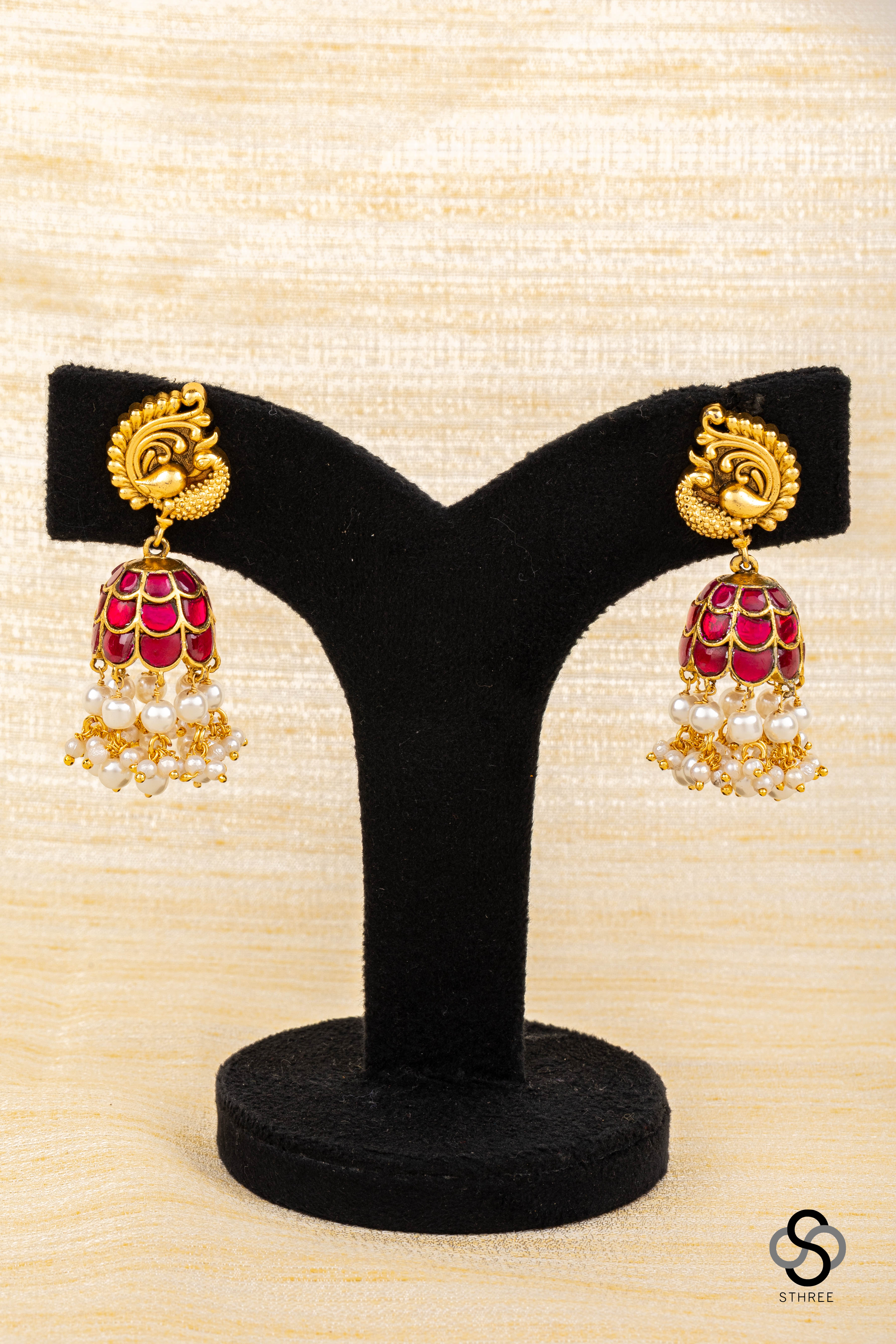 Mayil Jhumkas - Ruby red  with Pearls