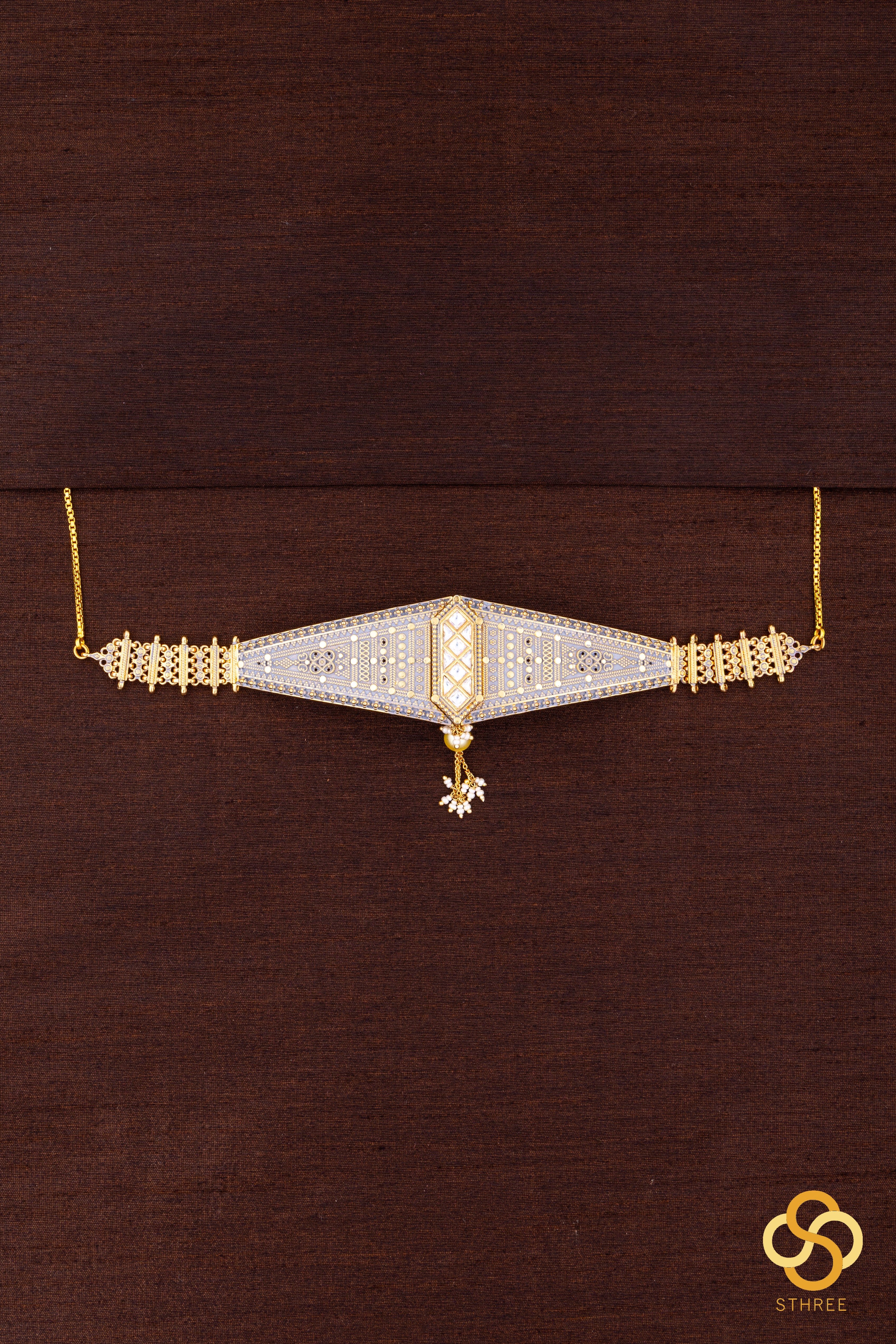 Rajwadi V pattern choker - Silver and gold two tone finish