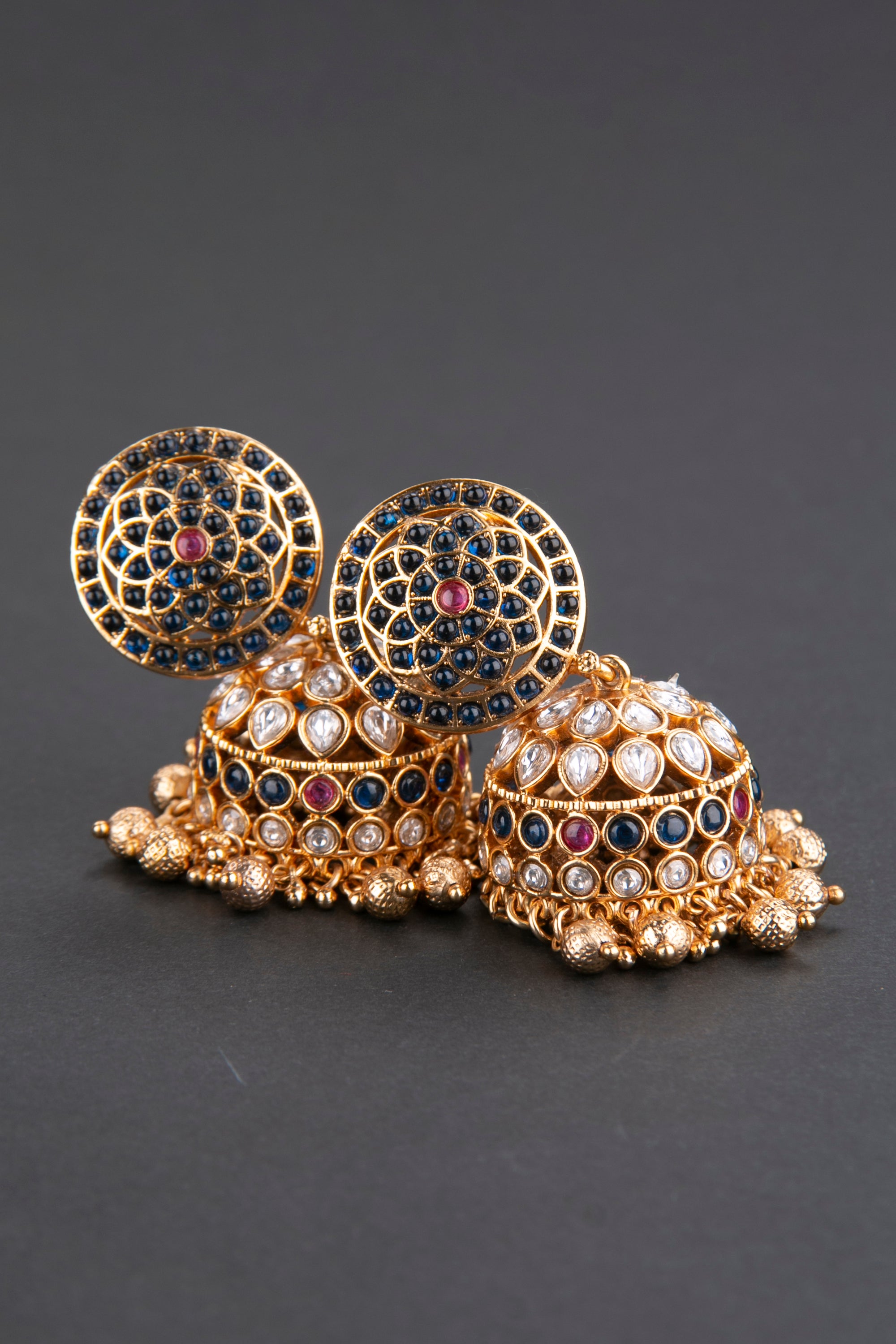 Jhumkas - Sapphire blue and white uncut