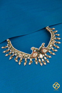 Double Peacock Hasli - White Stone and Pearls