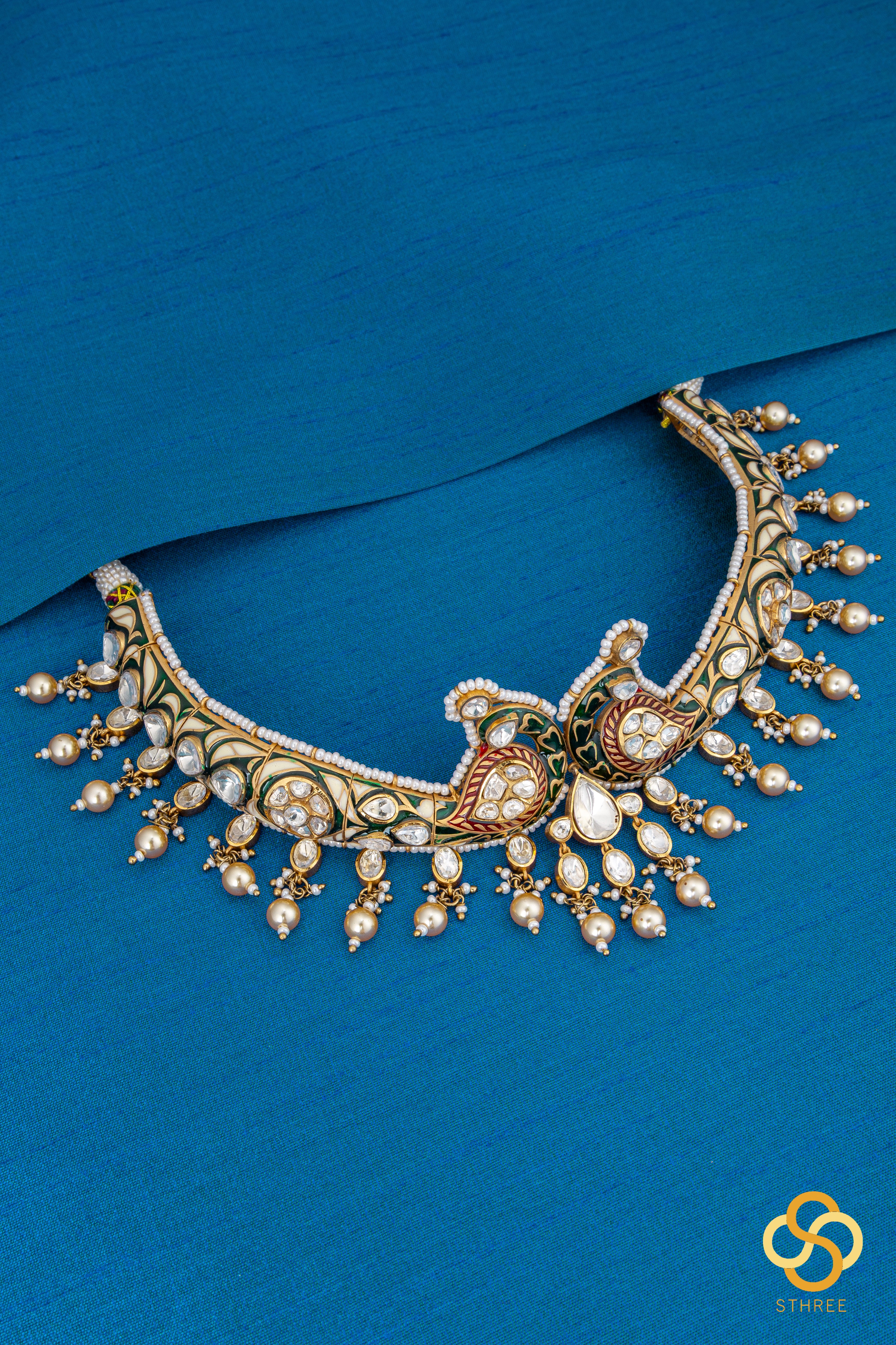 Double Peacock Hasli - White Stone and Pearls