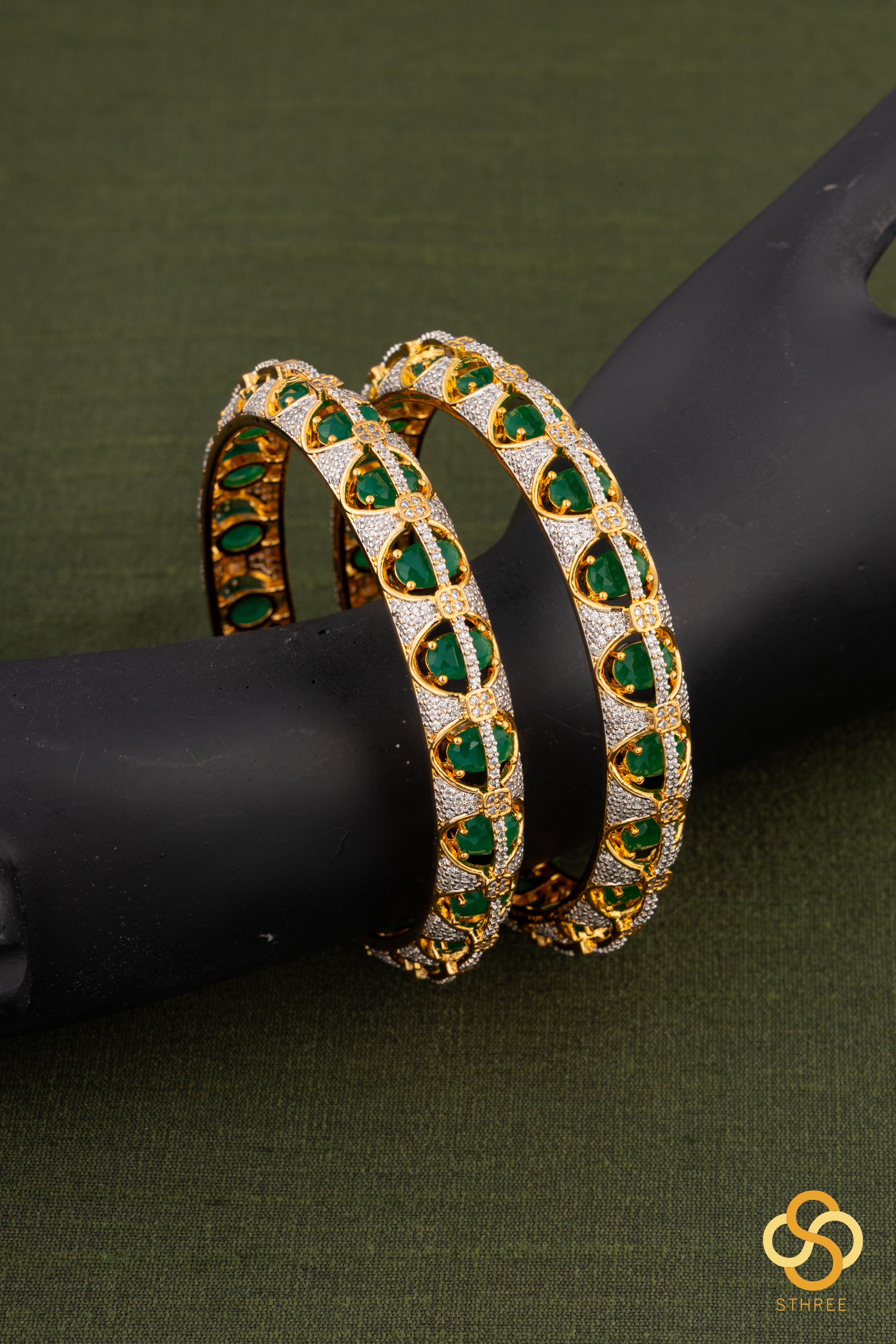 Emerald green and white zircons -  diamond pattern bangles
