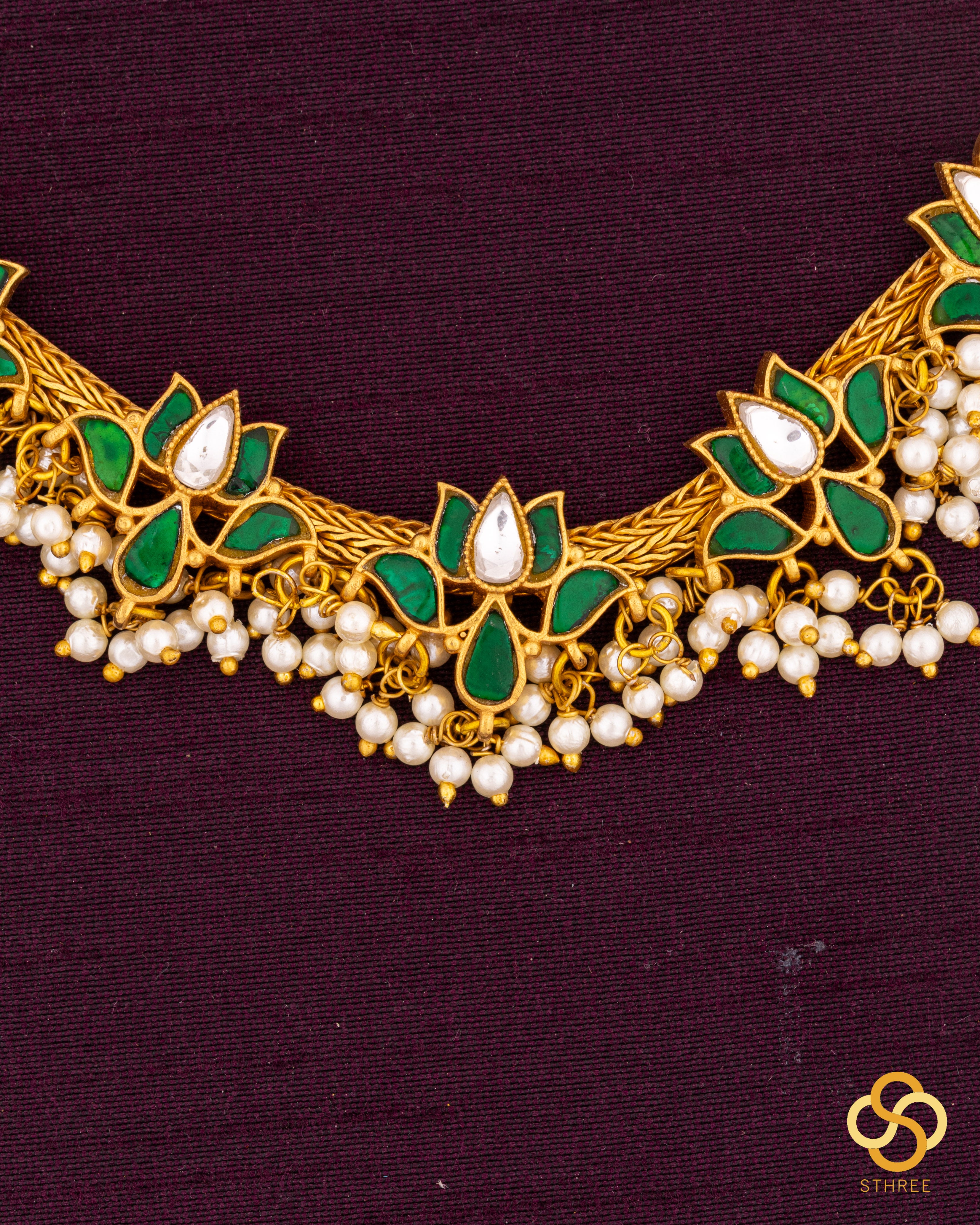 Five lotus necklace set - Emerald green with pearls