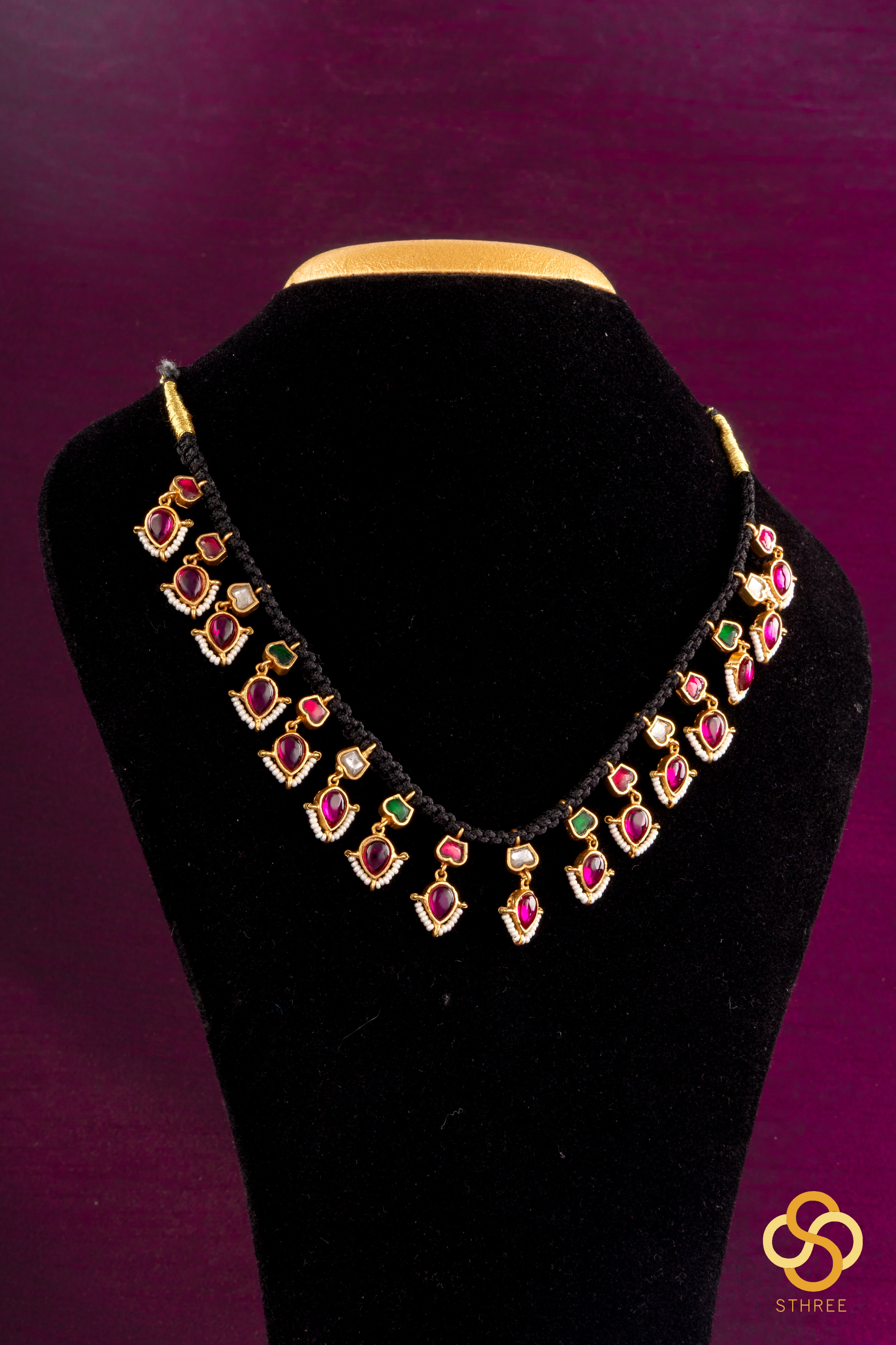 Black Thread with Red Kundan Set