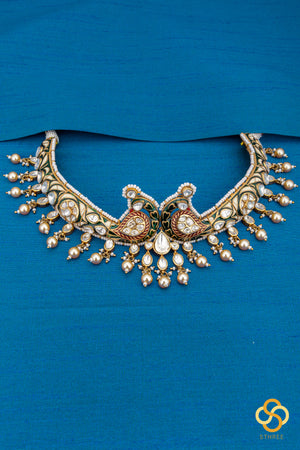 Double Peacock Hasli - White Stone and Pearls