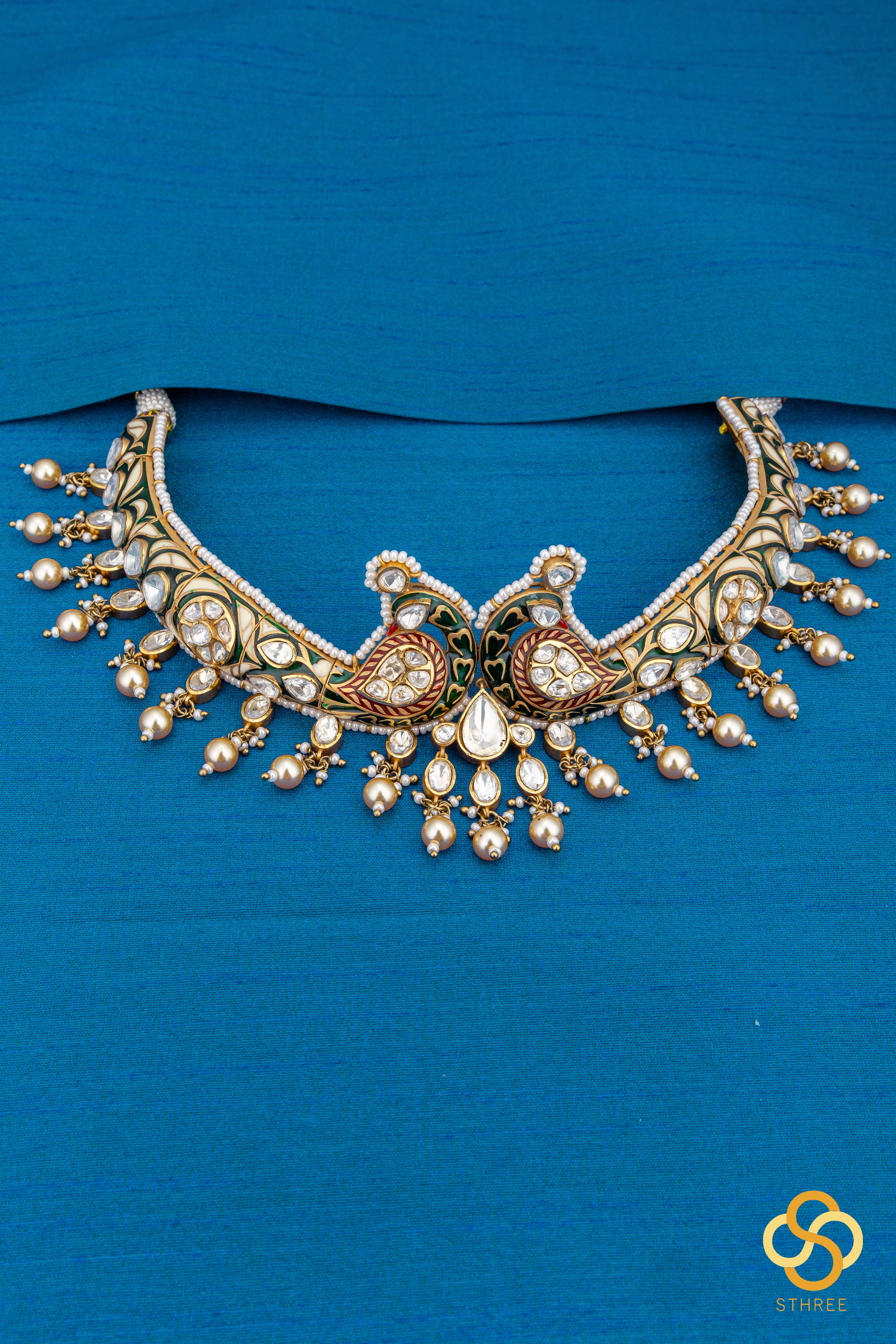 Double Peacock Hasli - White Stone and Pearls