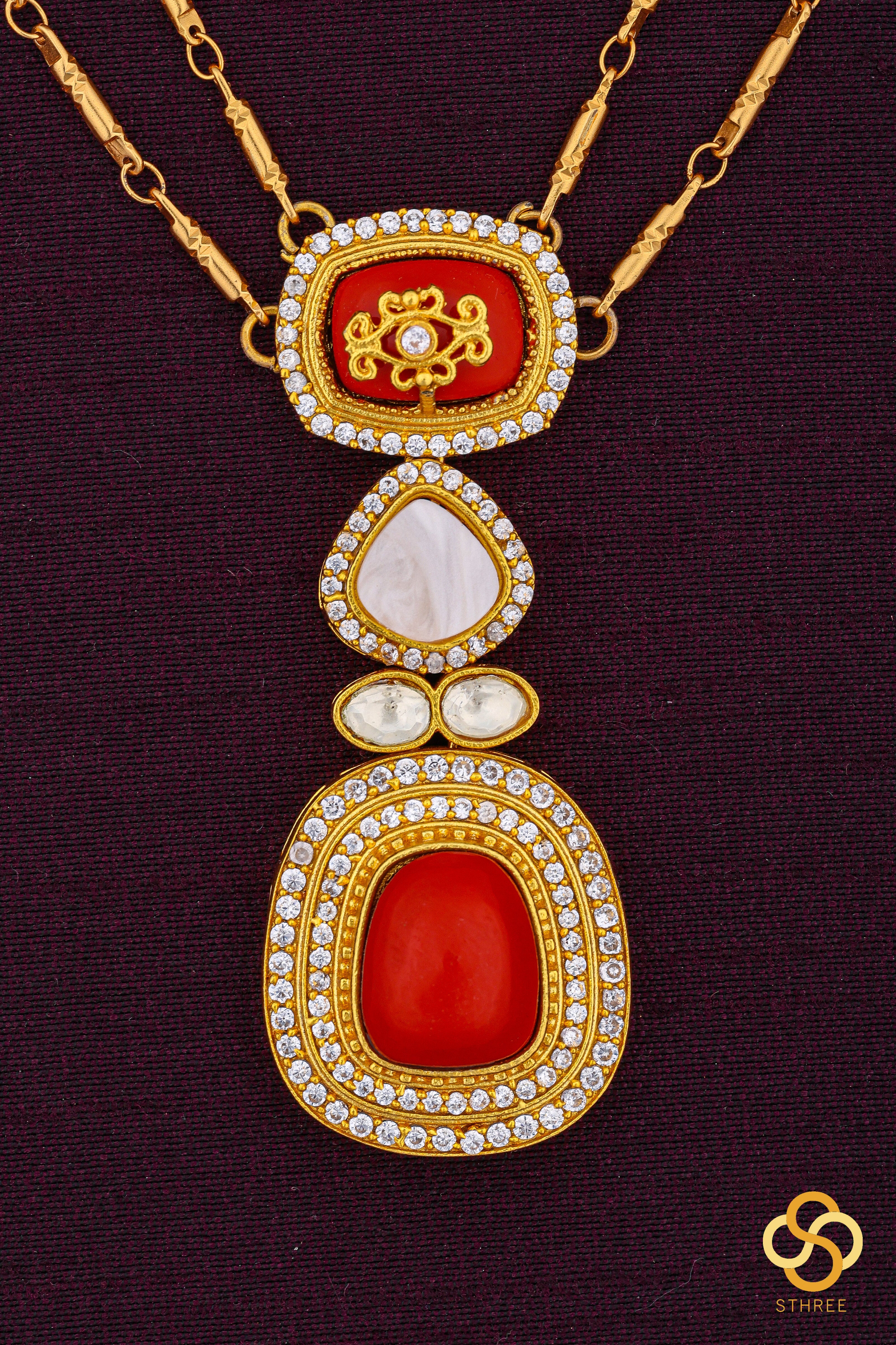 Layered Kundan Necklace - Coral with White