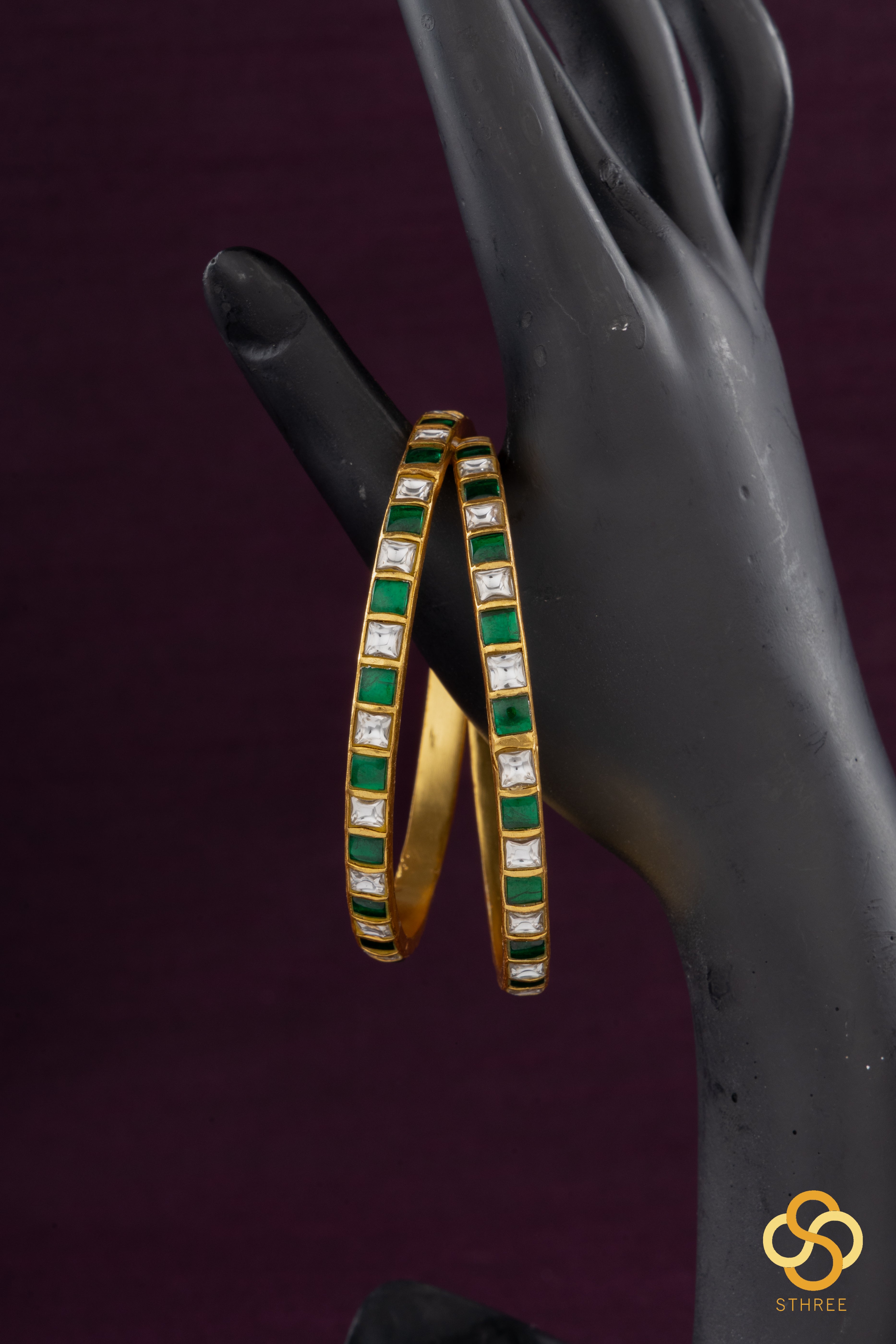 White and Emerald Green square bangles - Set of 2