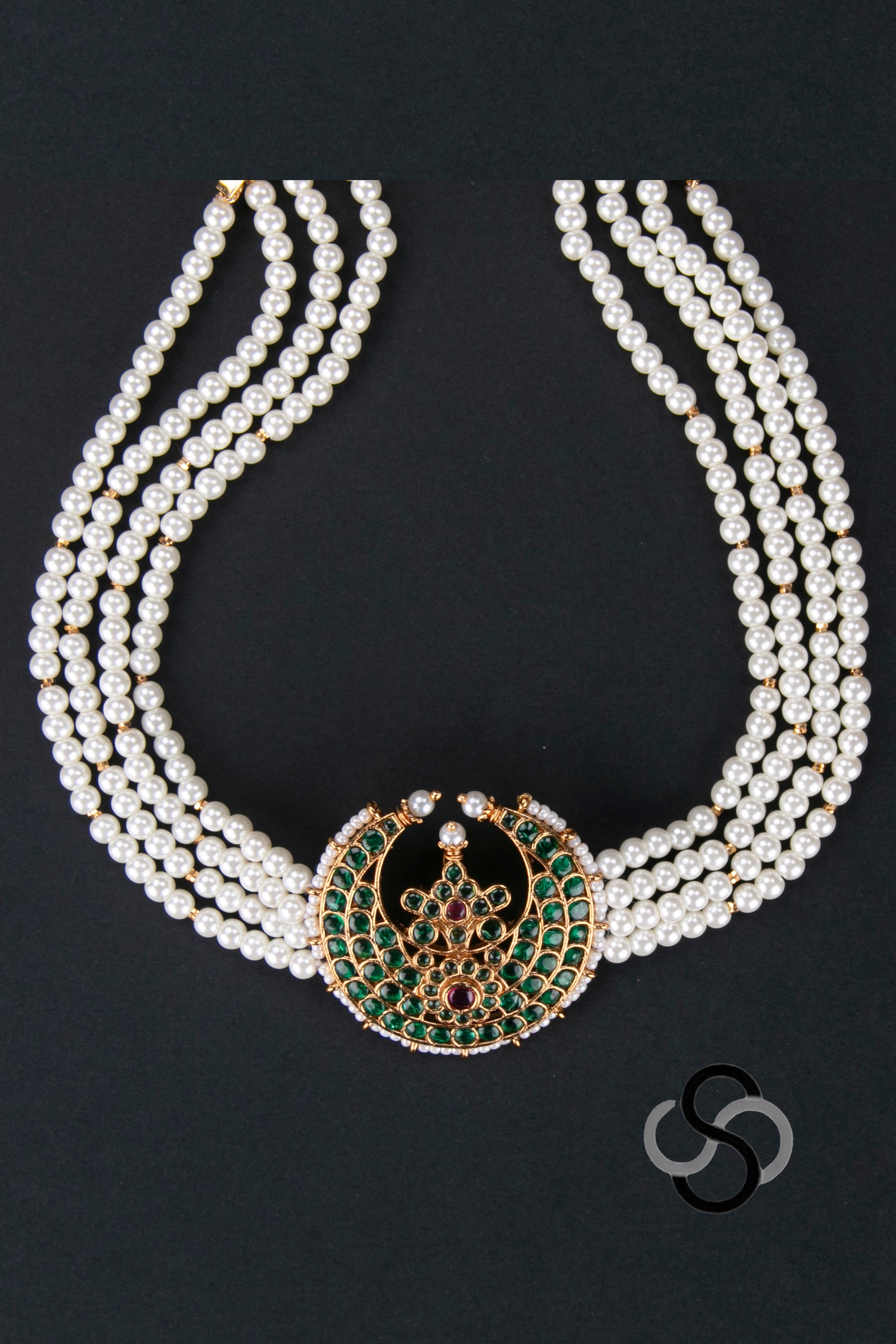 Pearl Choker - 4 Lines - Chandbali Pendant in Green