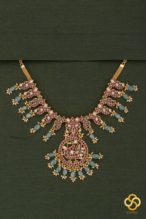 Jadau kundan with Mayil pendent Necklace  - Ruby red with green beads
