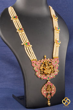Four liner pearls with lakshmi Pendant - Ruby stone