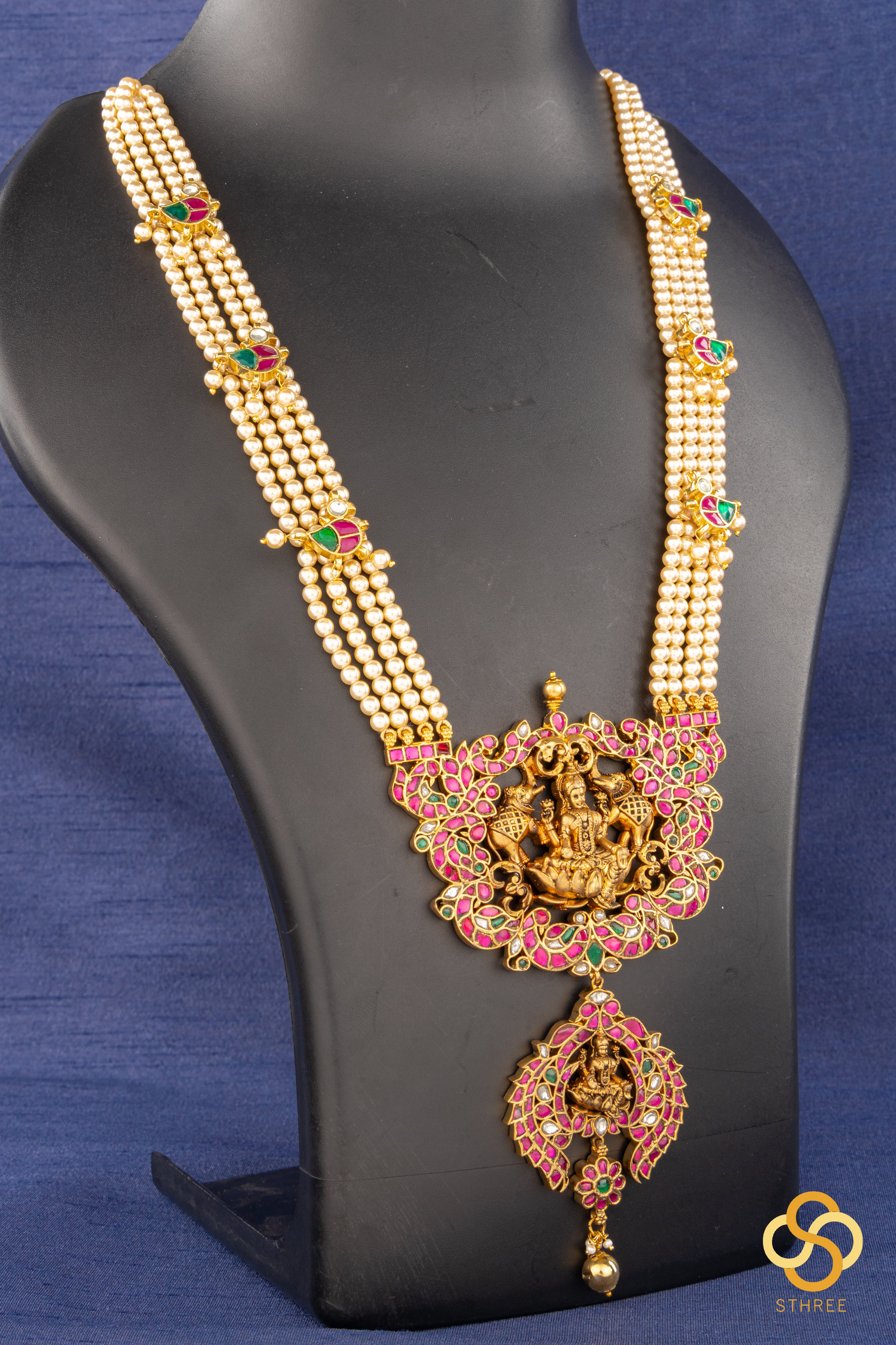 Four liner pearls with lakshmi Pendant - Ruby stone