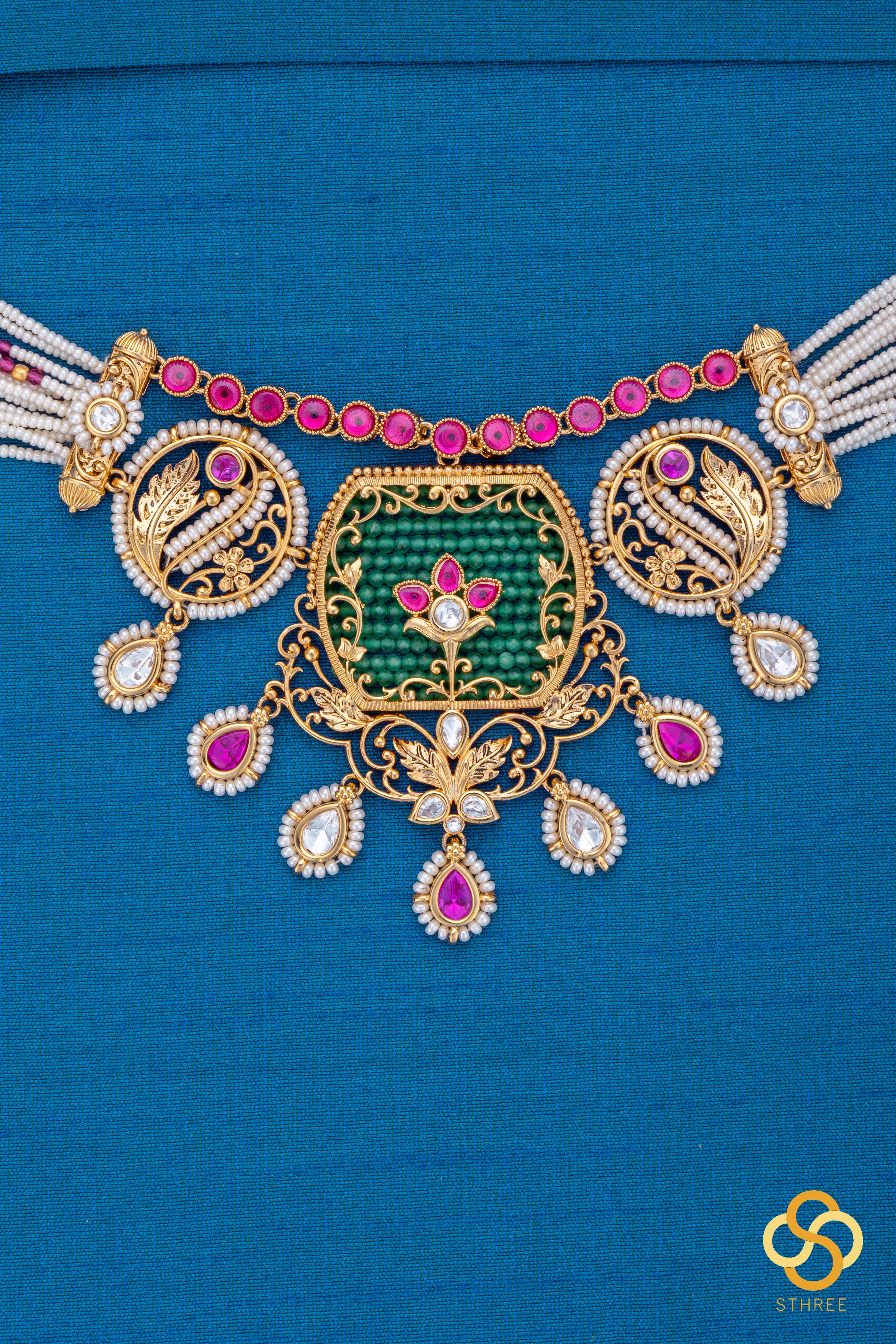Pearl Choker in Jadau Kundan Pendant - Emerald Green with Ruby Pink