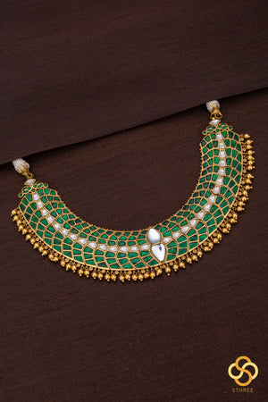 Emerald green with gold balls  - Jadau kundan