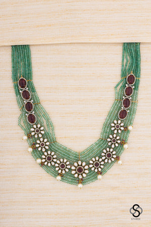Zircon and Flower haram - Antique finish gold with green beads