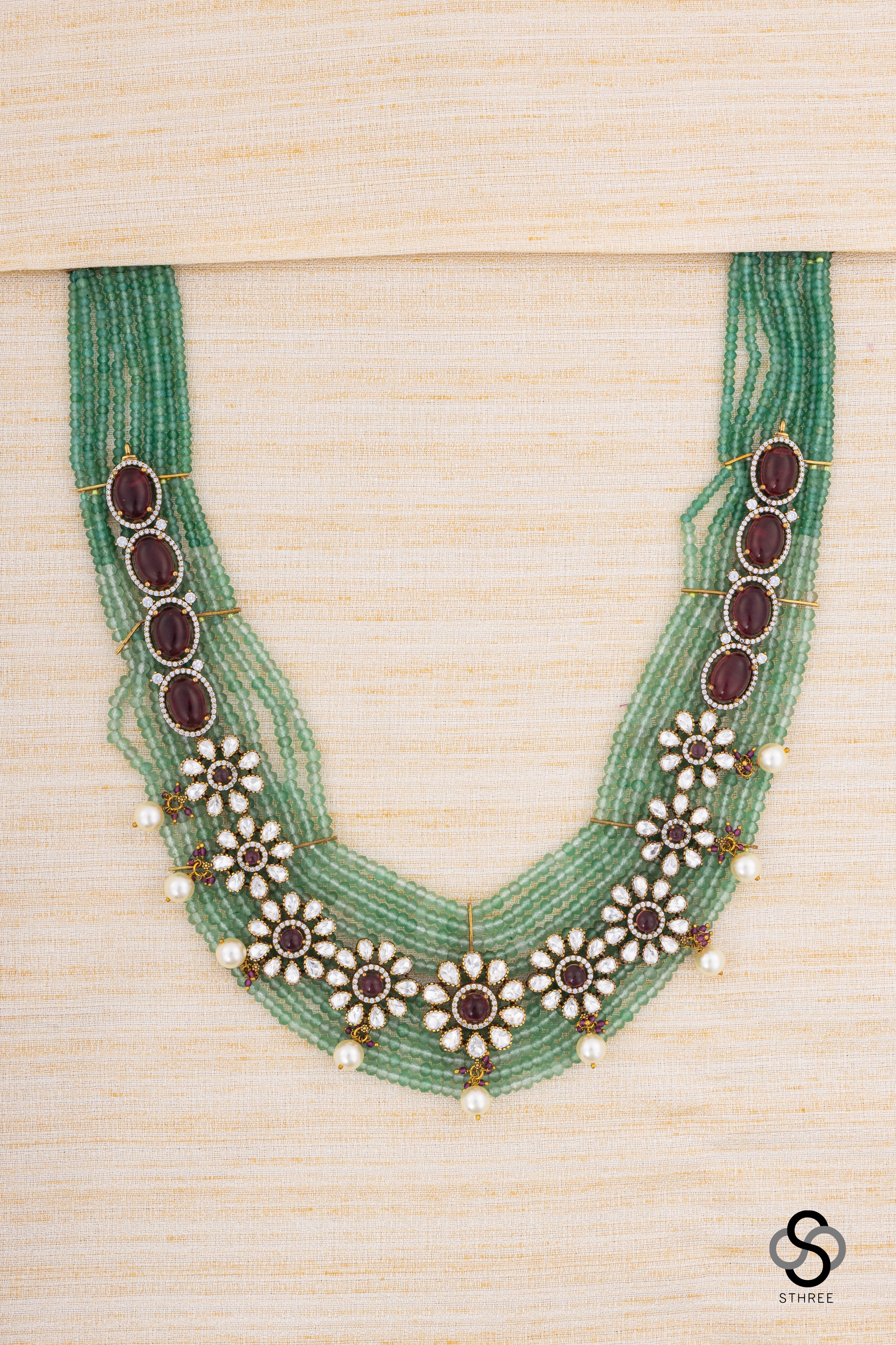 Zircon and Flower haram - Antique finish gold with green beads