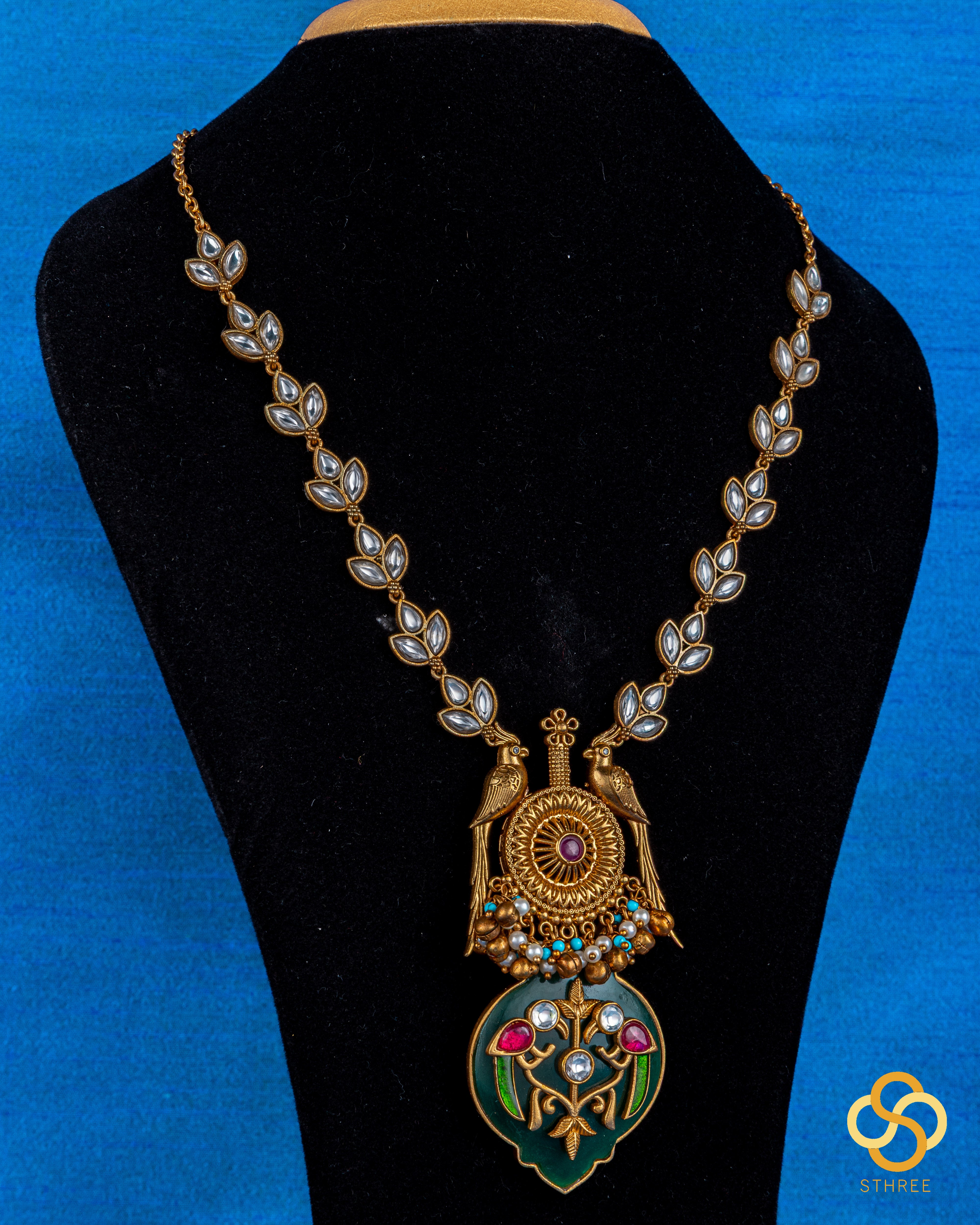 Jadau kundan necklace - Handmade parrot pendant in green onyx