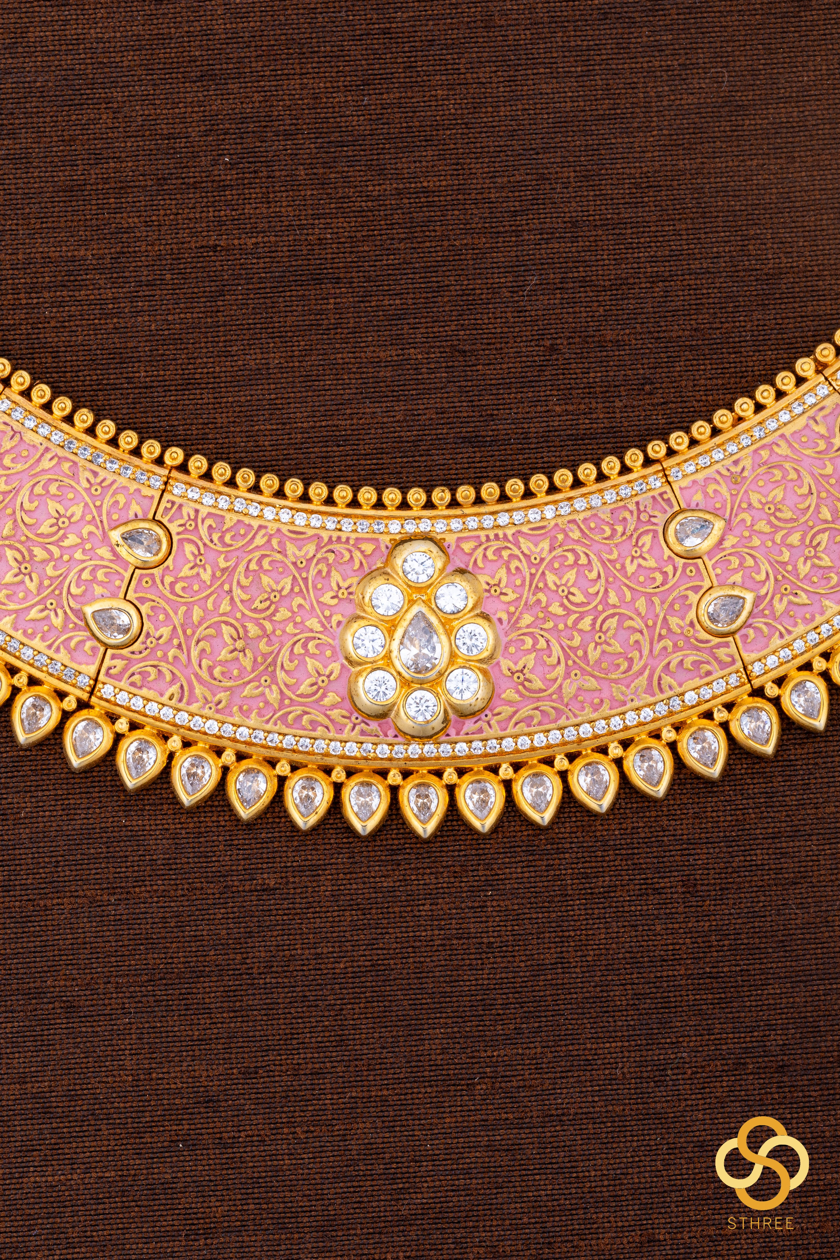 Rajwadi choker - Hasli with pink meenakari work with uncut zircons