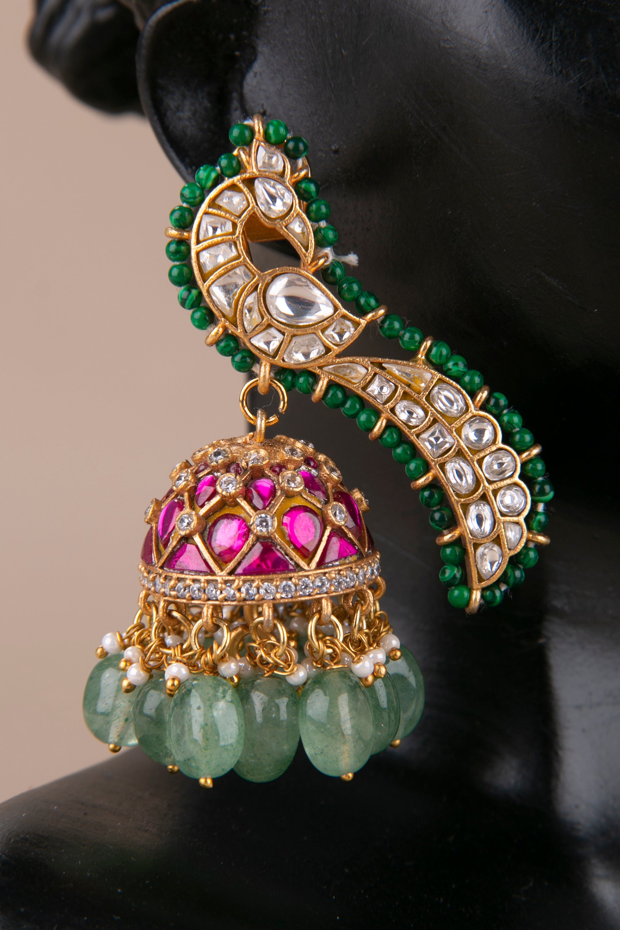 Peacock earcuff jhumkas - Jadau kundan