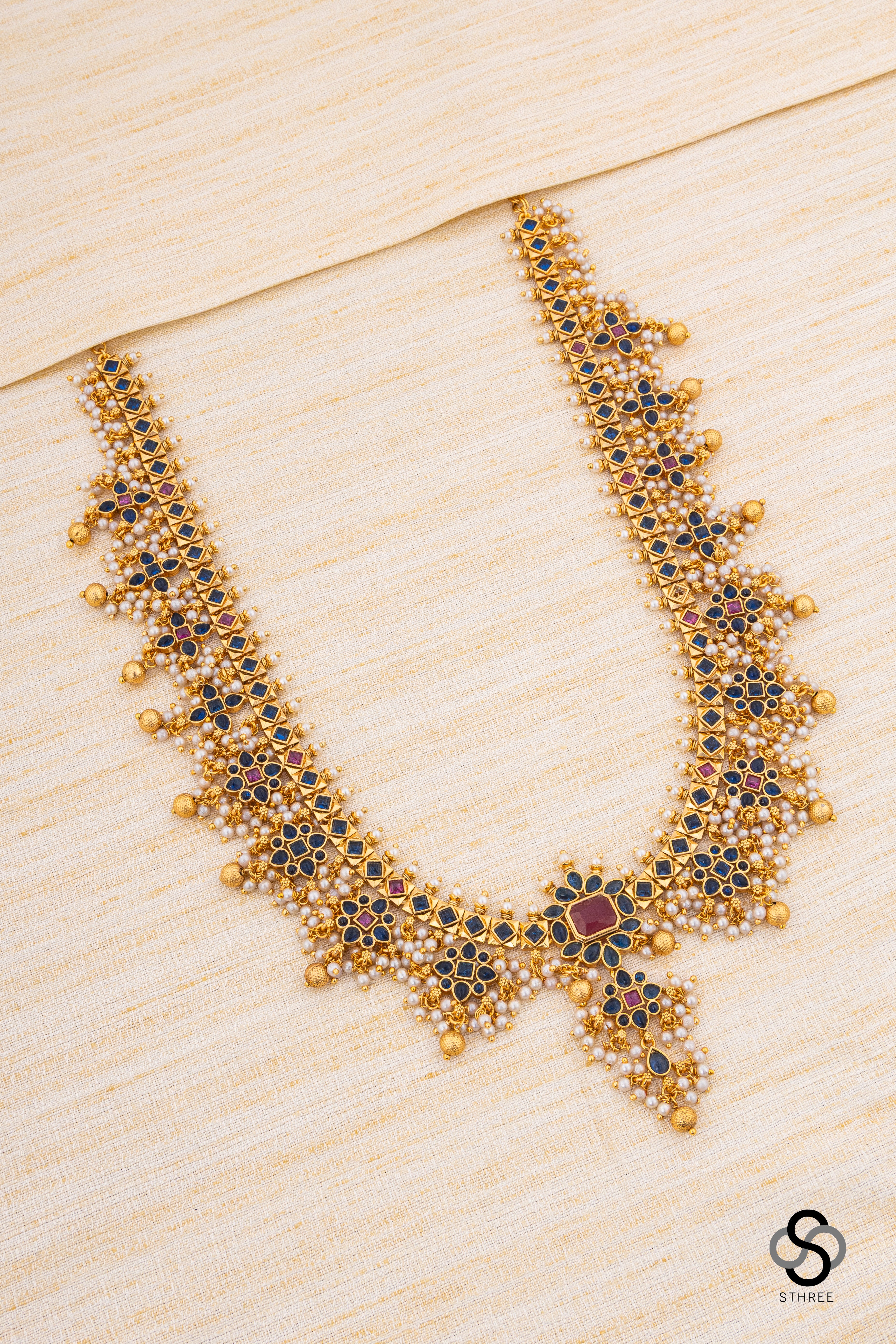 Guttapusalu Necklace set - Sapphire blue with pearl hangings [Long]