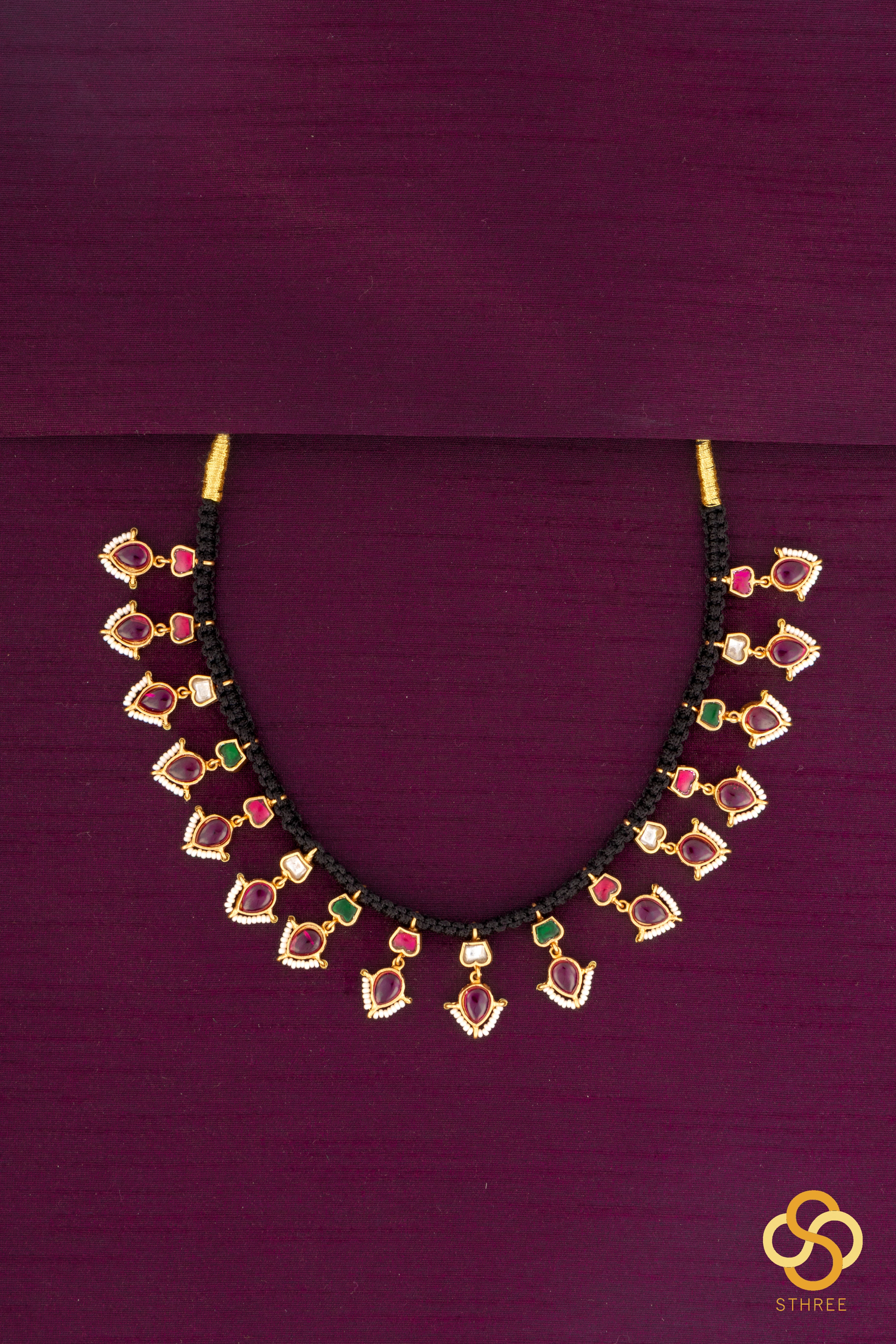 Black Thread with Red Kundan Set