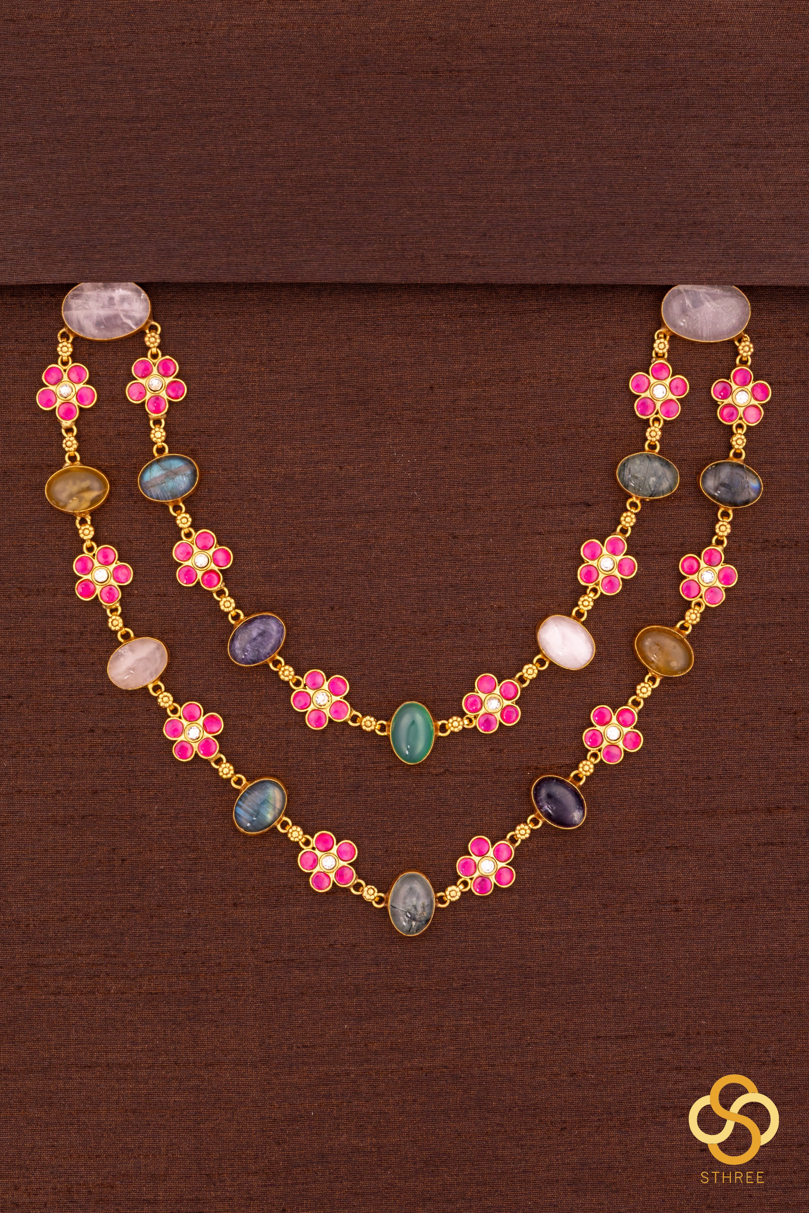 Layered cabochon and kemp necklace - Multi colour