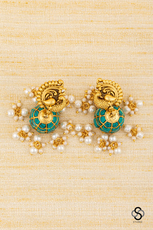 Mayil Jhumkas - Turquoise  with Pearls