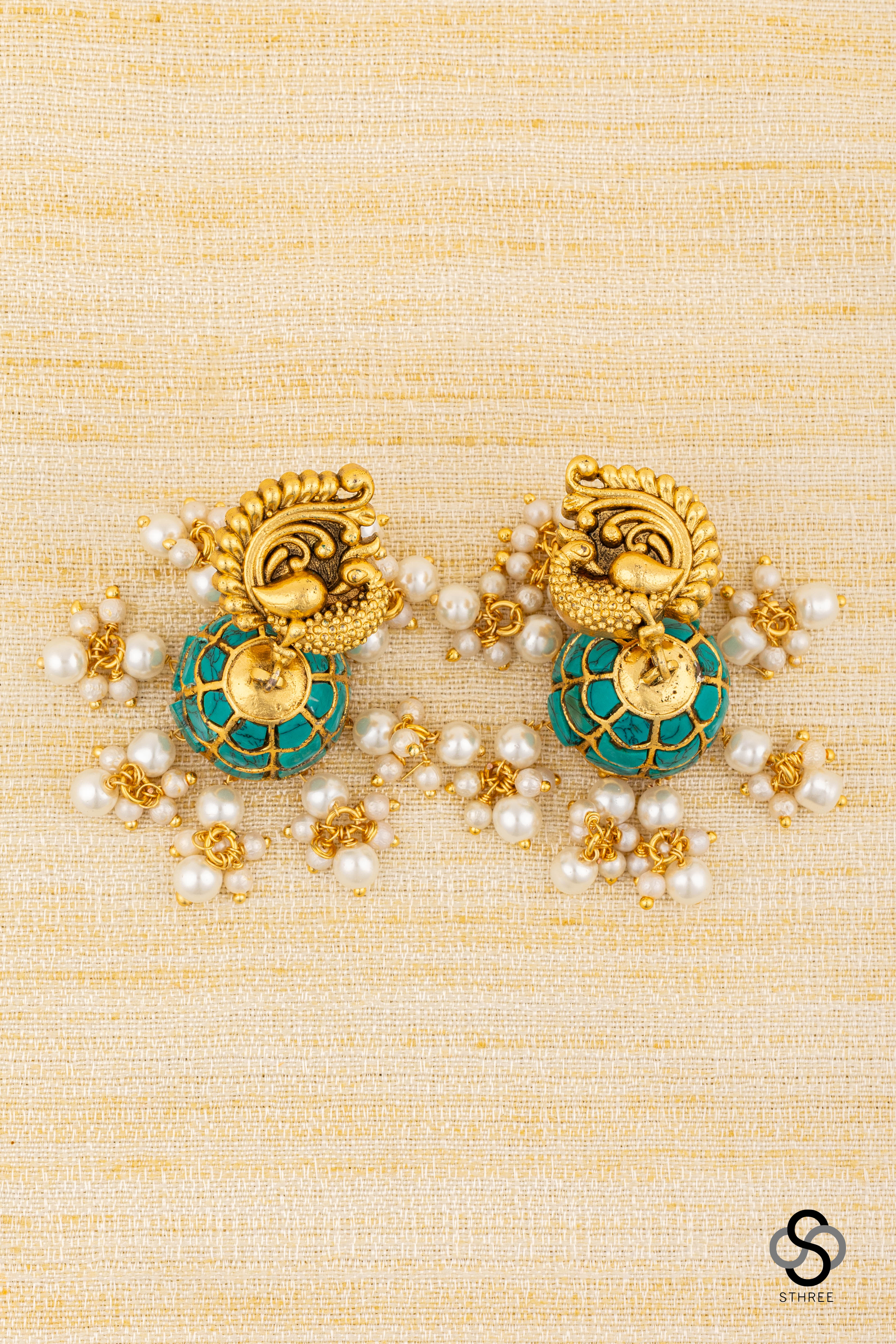 Mayil Jhumkas - Turquoise  with Pearls