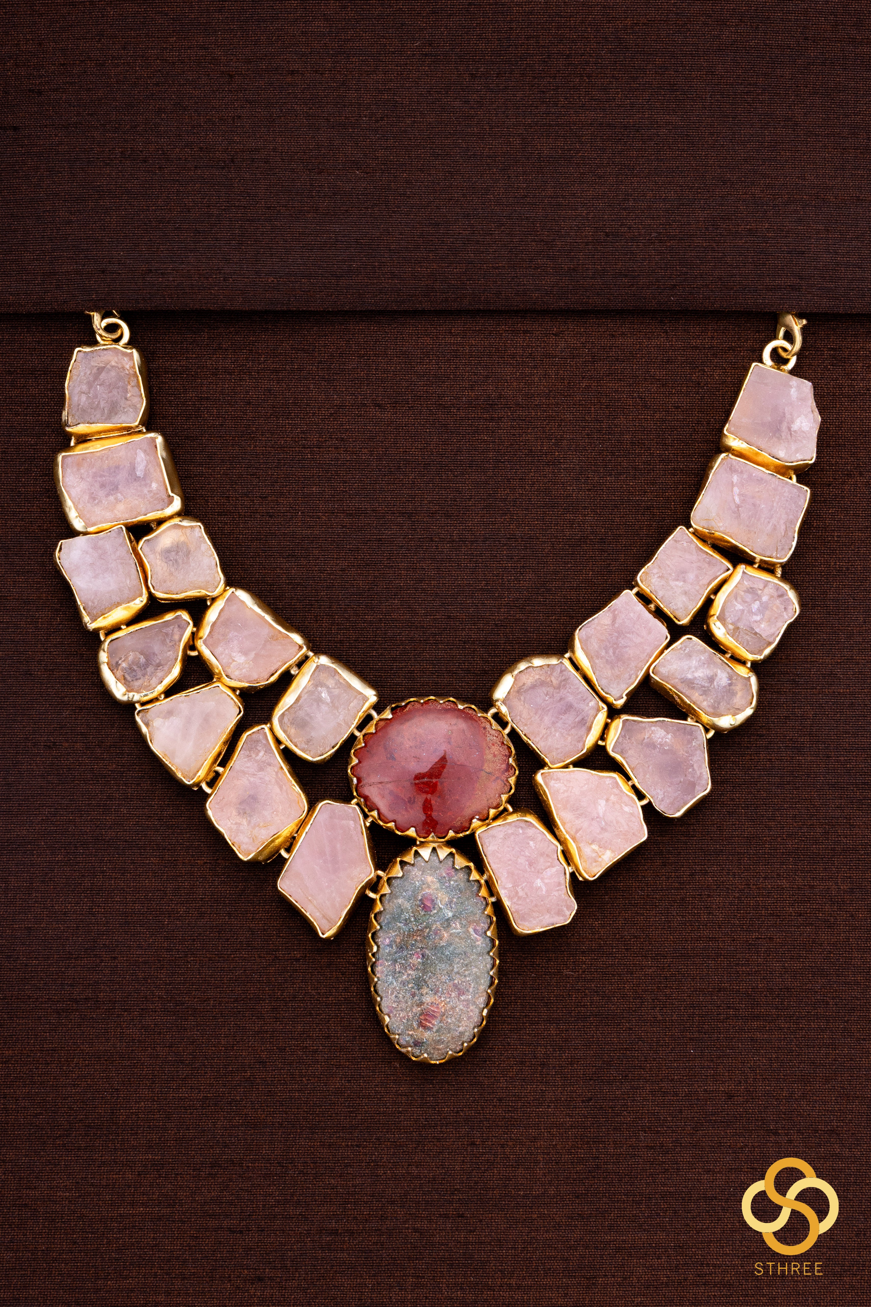 Druzy Raw stone necklace - Green and amber centre piece