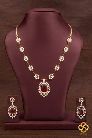 Diamond Pattern Necklace with Ruby Red Pendant