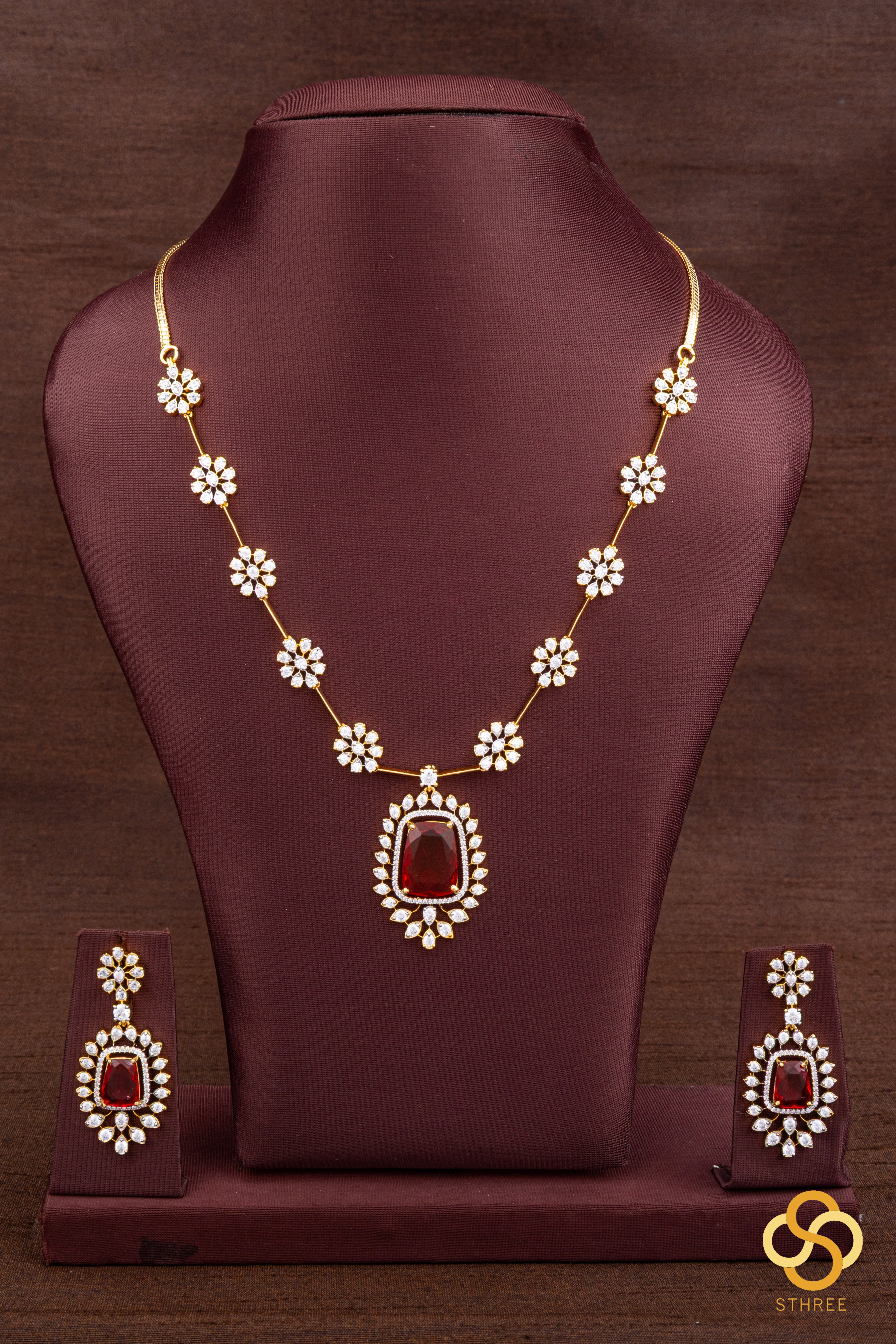 Diamond Pattern Necklace with Ruby Red Pendant