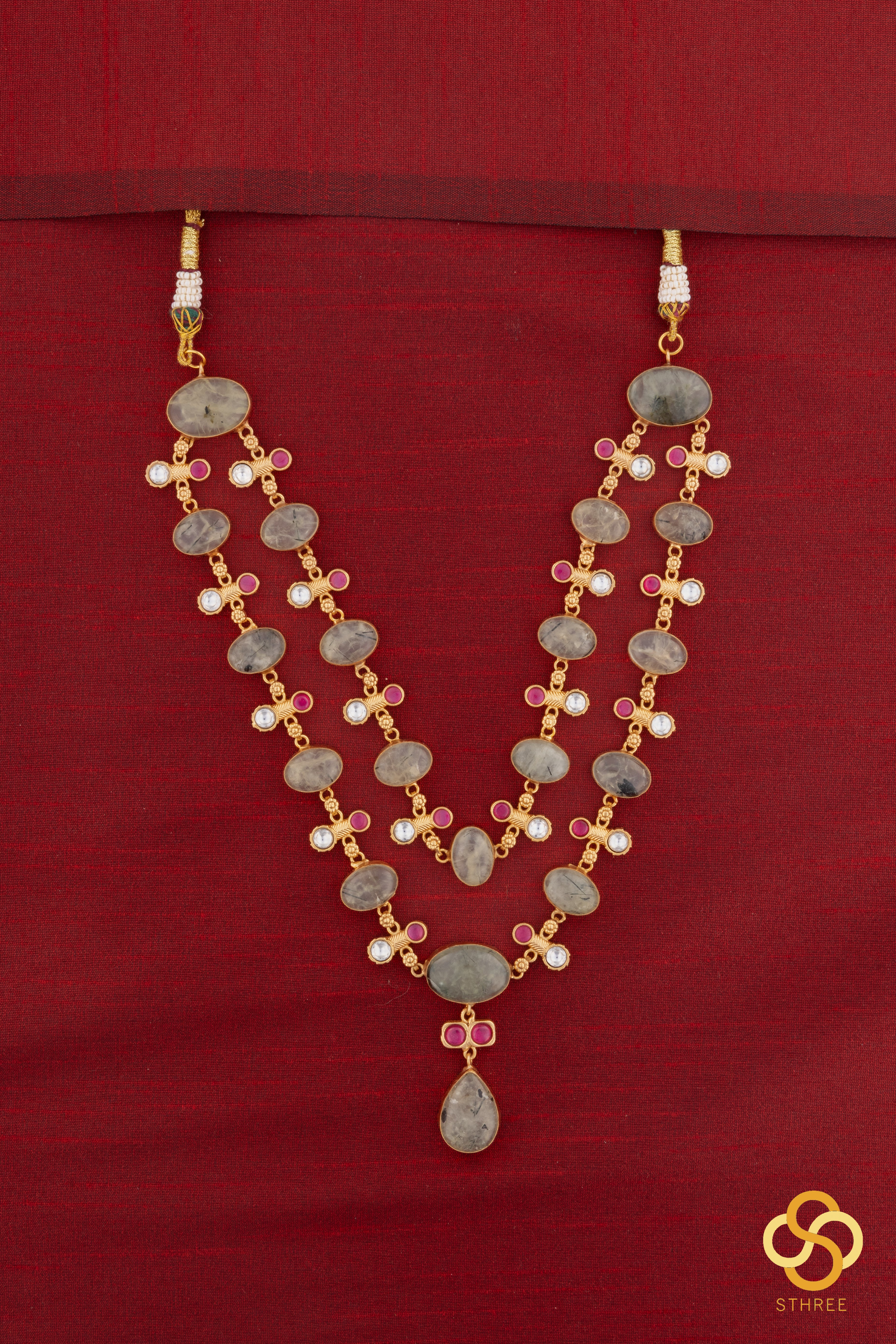 Layered Cabochon and Kemp Necklace - Light Emerald Green