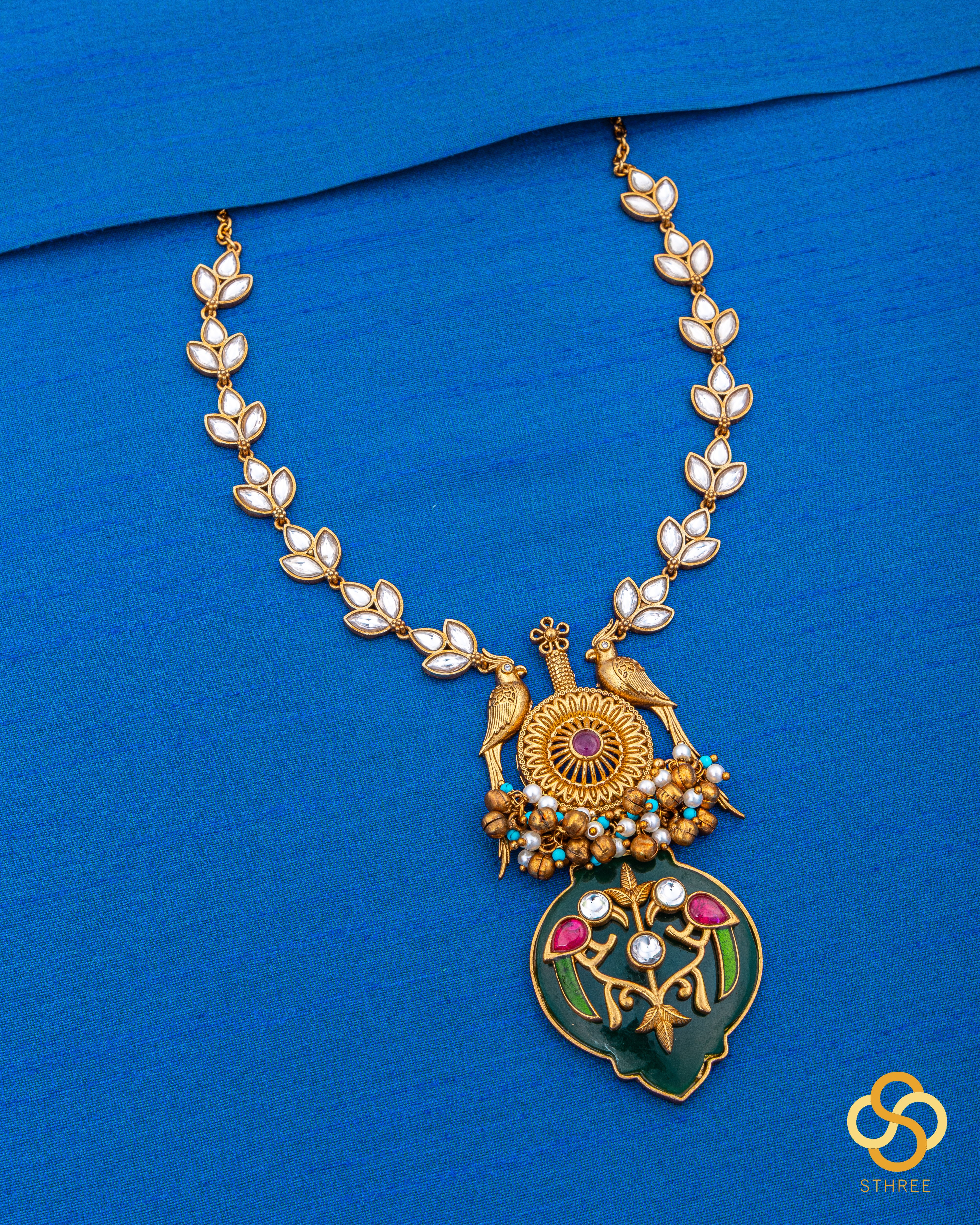 Jadau kundan necklace - Handmade parrot pendant in green onyx