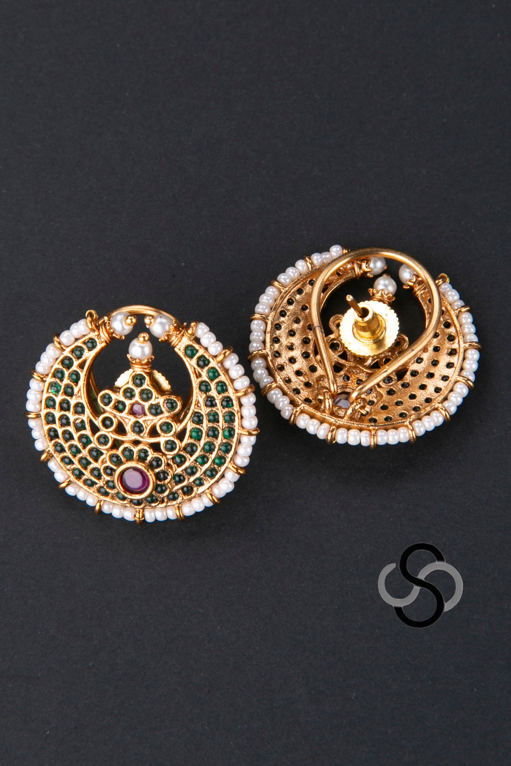 Pearl Choker - 4 Lines - Chandbali Pendant in Green