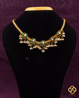 Five lotus necklace set - Emerald green with pearls