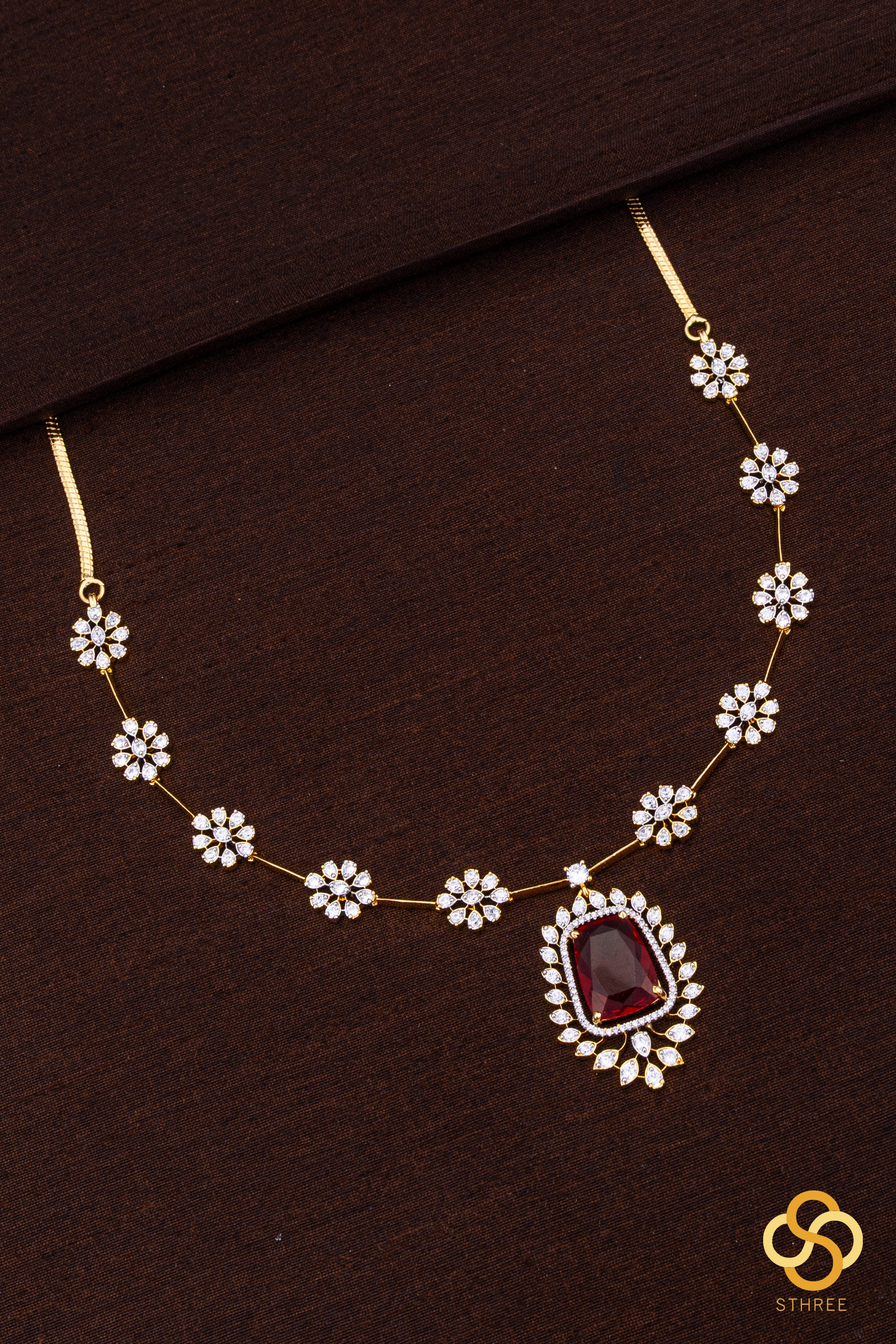 Diamond Pattern Necklace with Ruby Red Pendant