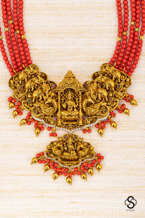 Lakshmi pendant with Nakas work - Coral