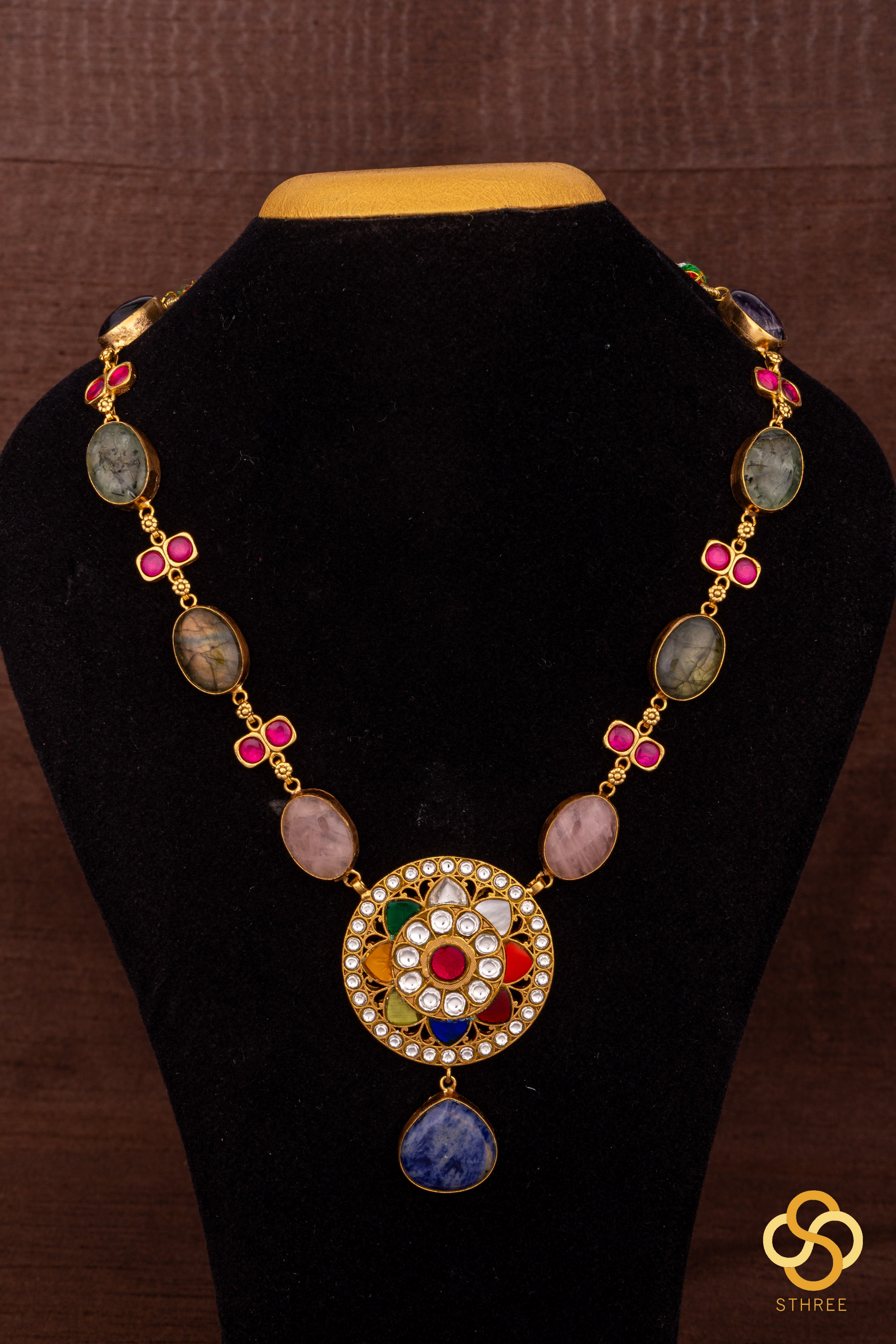 Multi colour cabachon necklace set with Navarathna pendant