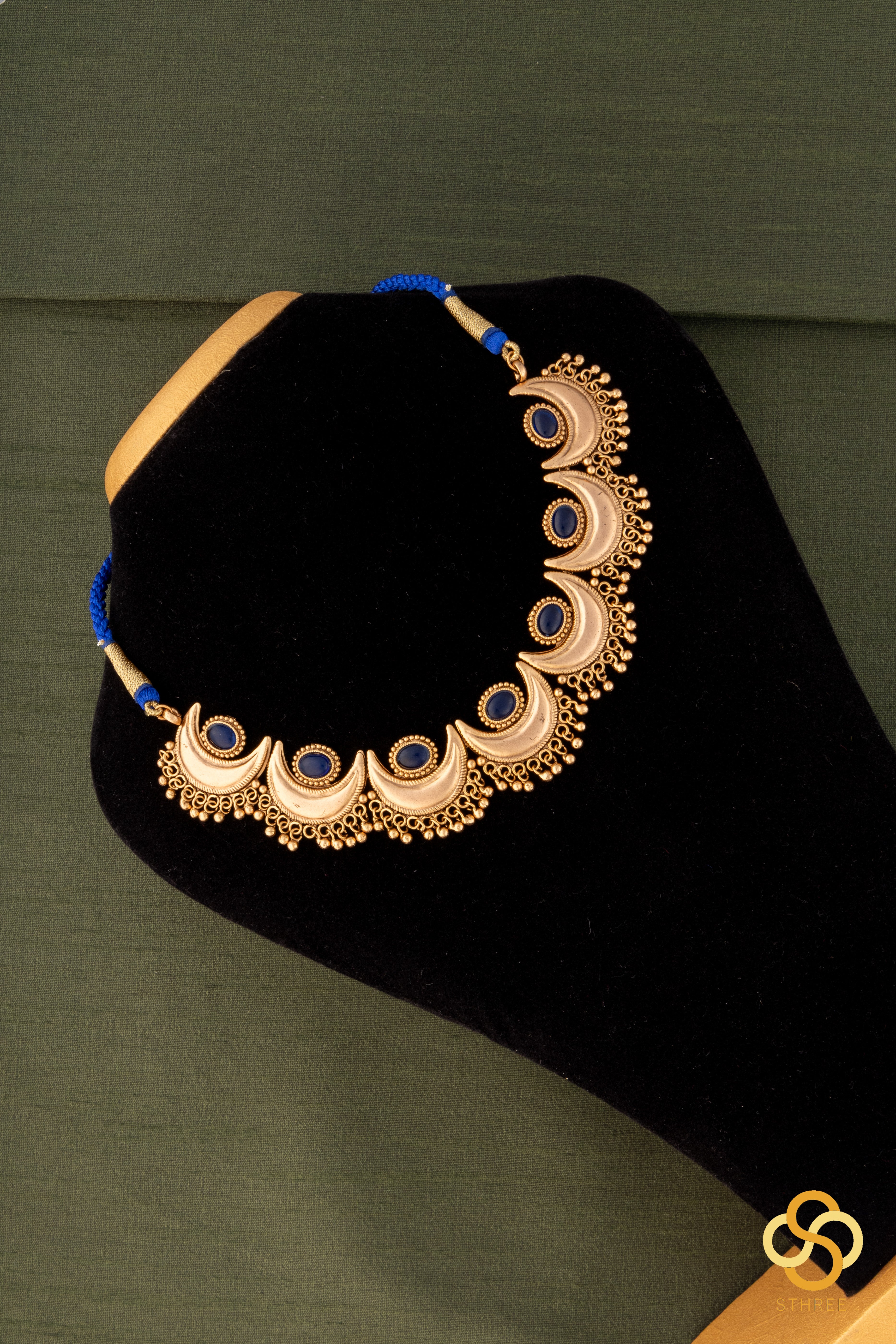Chandbali Gold Matt Necklace -  Sapphire Blue
