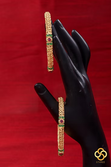 Antique Finish, Green Kemp with Ruby Red - Set of 2