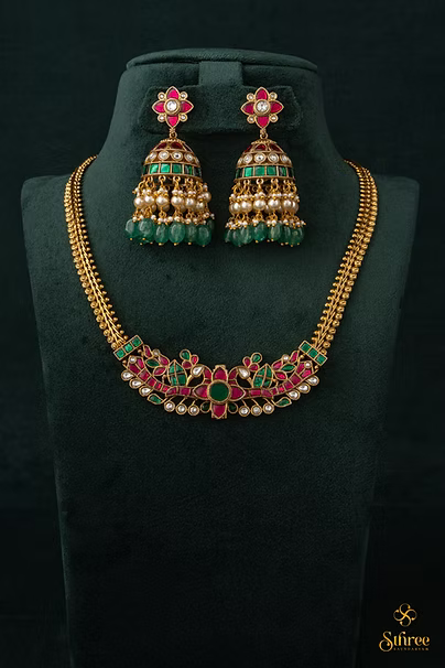 Antique peacock choker - Ruby red with Emerald green
