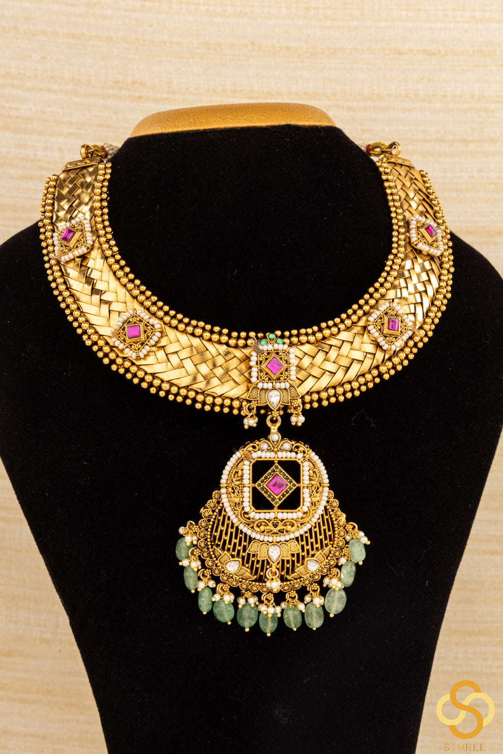 Braid Hasli - Nakas Work with Kemp Kundan Set with Green Beads