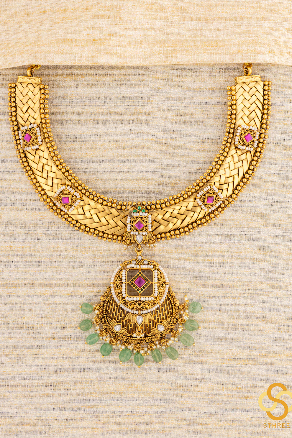 Braid Hasli - Nakas Work with Kemp Kundan Set with Green Beads