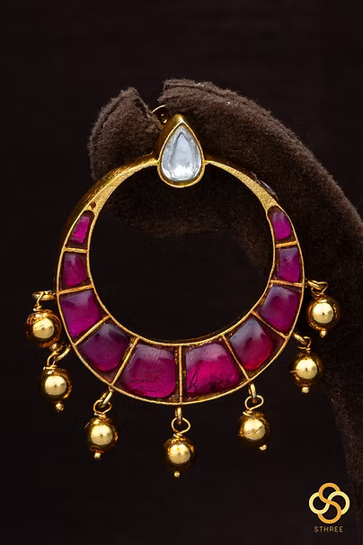 925 Silver - Chandbali with gold balls hangings - Kemp red
