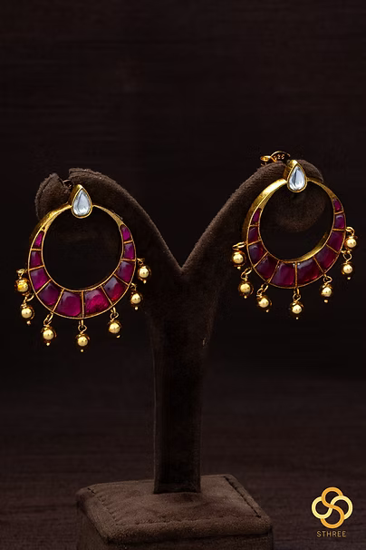 925 Silver - Chandbali with gold balls hangings - Kemp red