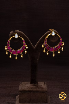 925 Silver - Chandbali with gold balls hangings - Kemp red