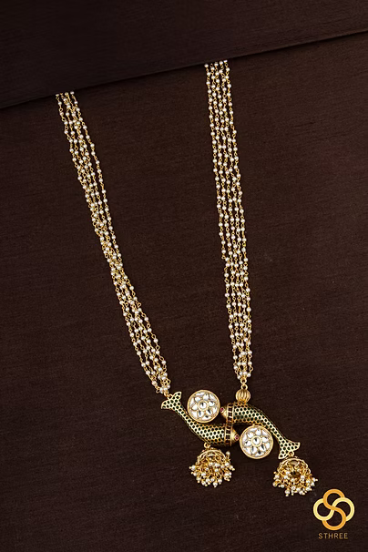 Double Fish Jadau Kundan Pendant with Pearls